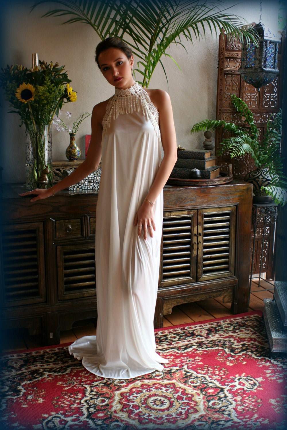 Bohemian Backless Satin Nightgown Bridal Lingerie Wedding Nightgown Peacock Lace Halter Gown Honeymoon Lingerie