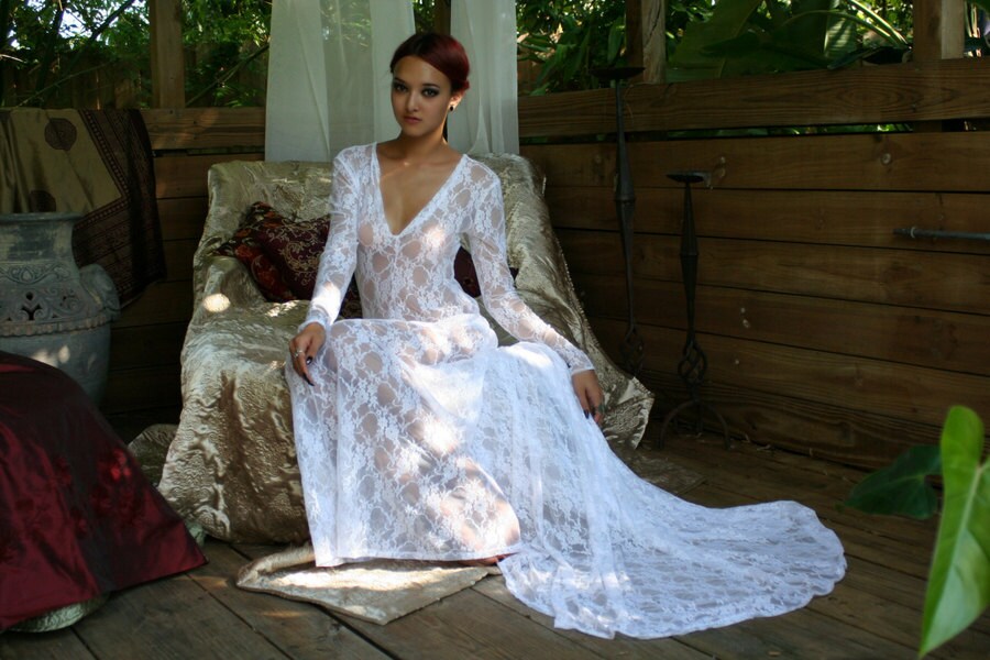 White Lace Bridal Nightgown With Train Wedding Lingerie Bridal Sleepwear Lingerie Honeymoon Trousseau Beach Wedding