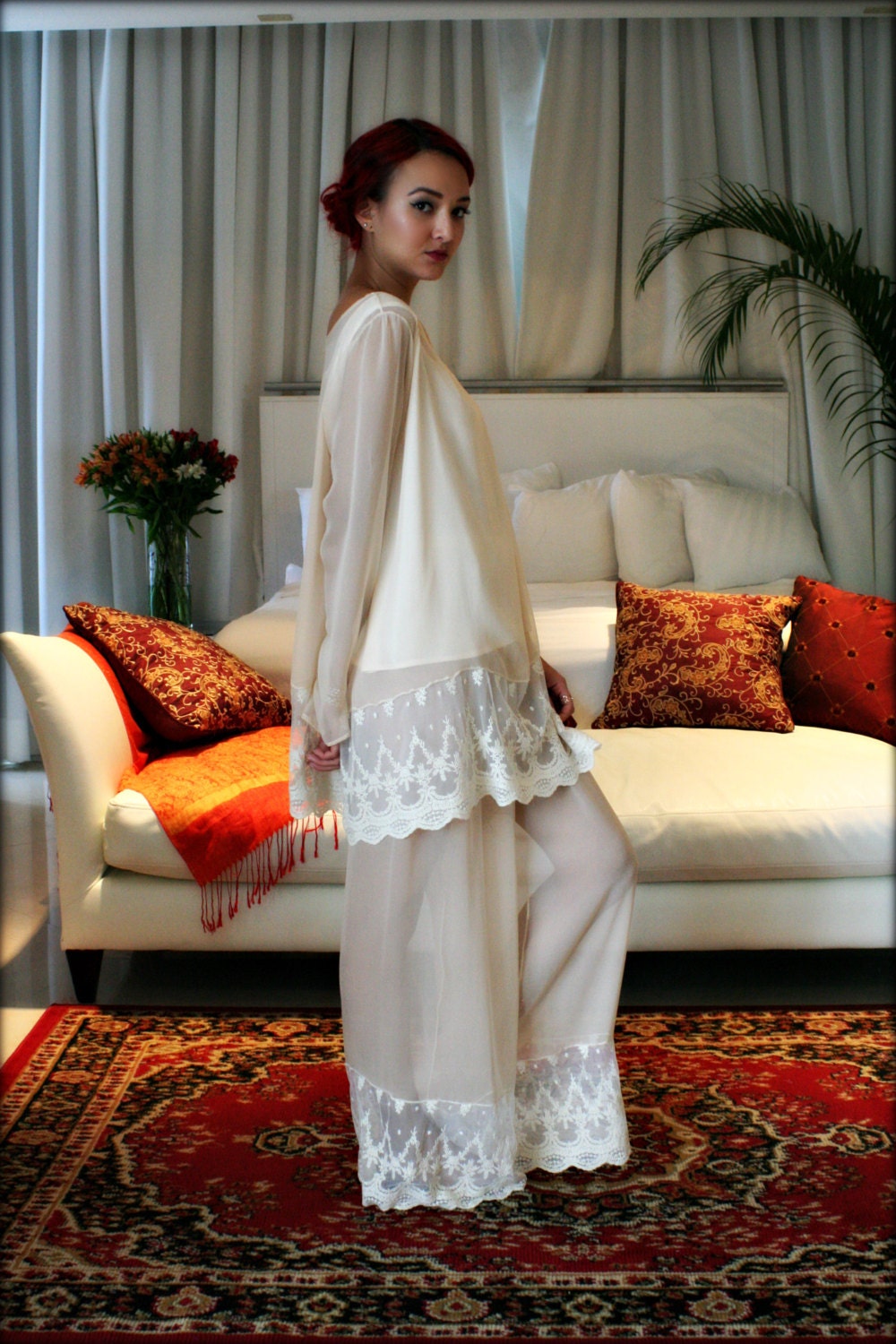 Silk Pajamas Champagne Chiffon Ella 3 Pc Set Bridal Lingerie Wedding Pajamas Wedding Sleepwear Versailles French Lace Lingerie Satin Cami