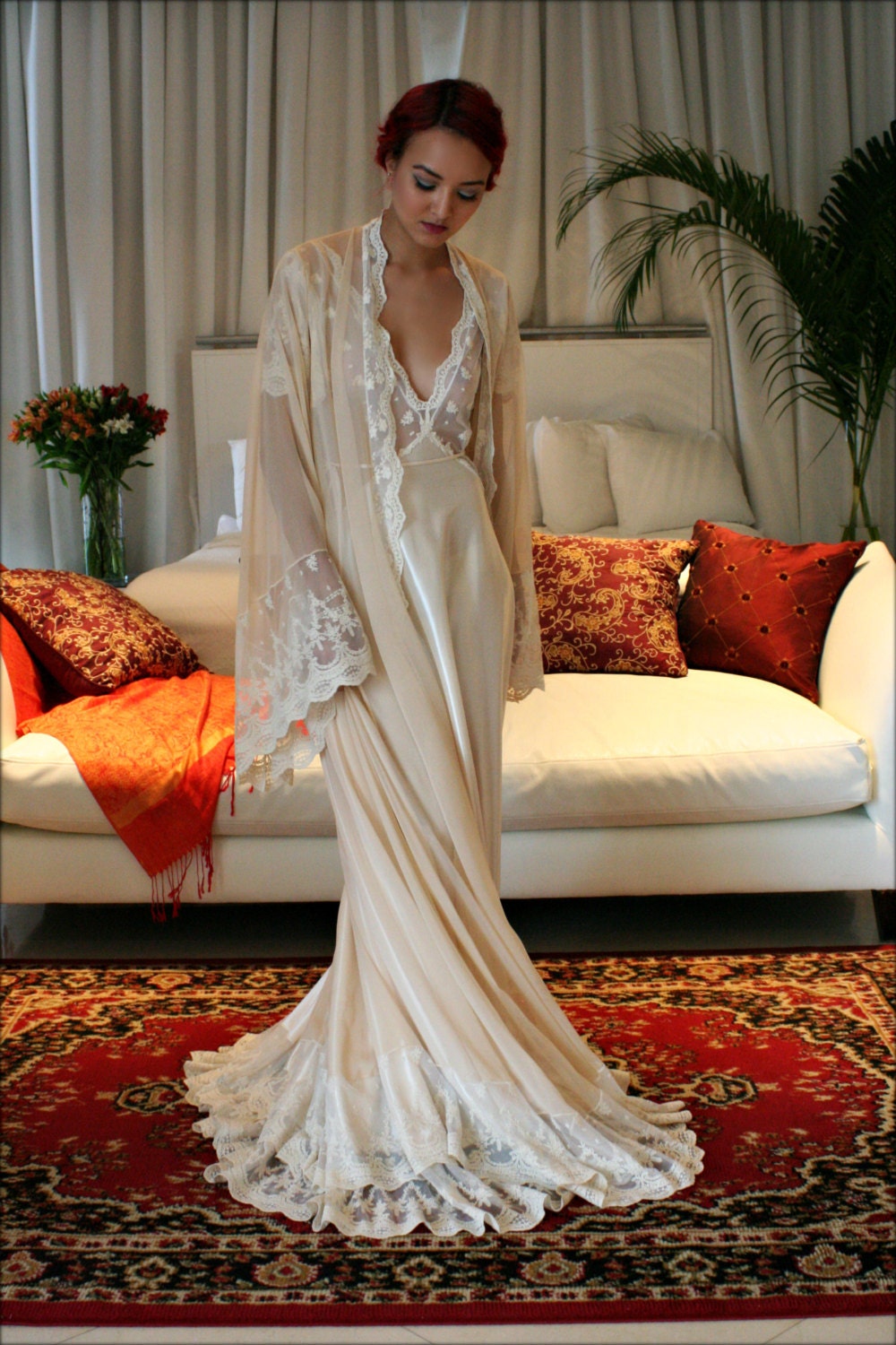 Bridal Nightgown Amelia Satin Embroidered Lace Wedding Lingerie Bridal Sleepwear Champagne Satin Bridal Gown Trousseau Sleepwear Honeymoon