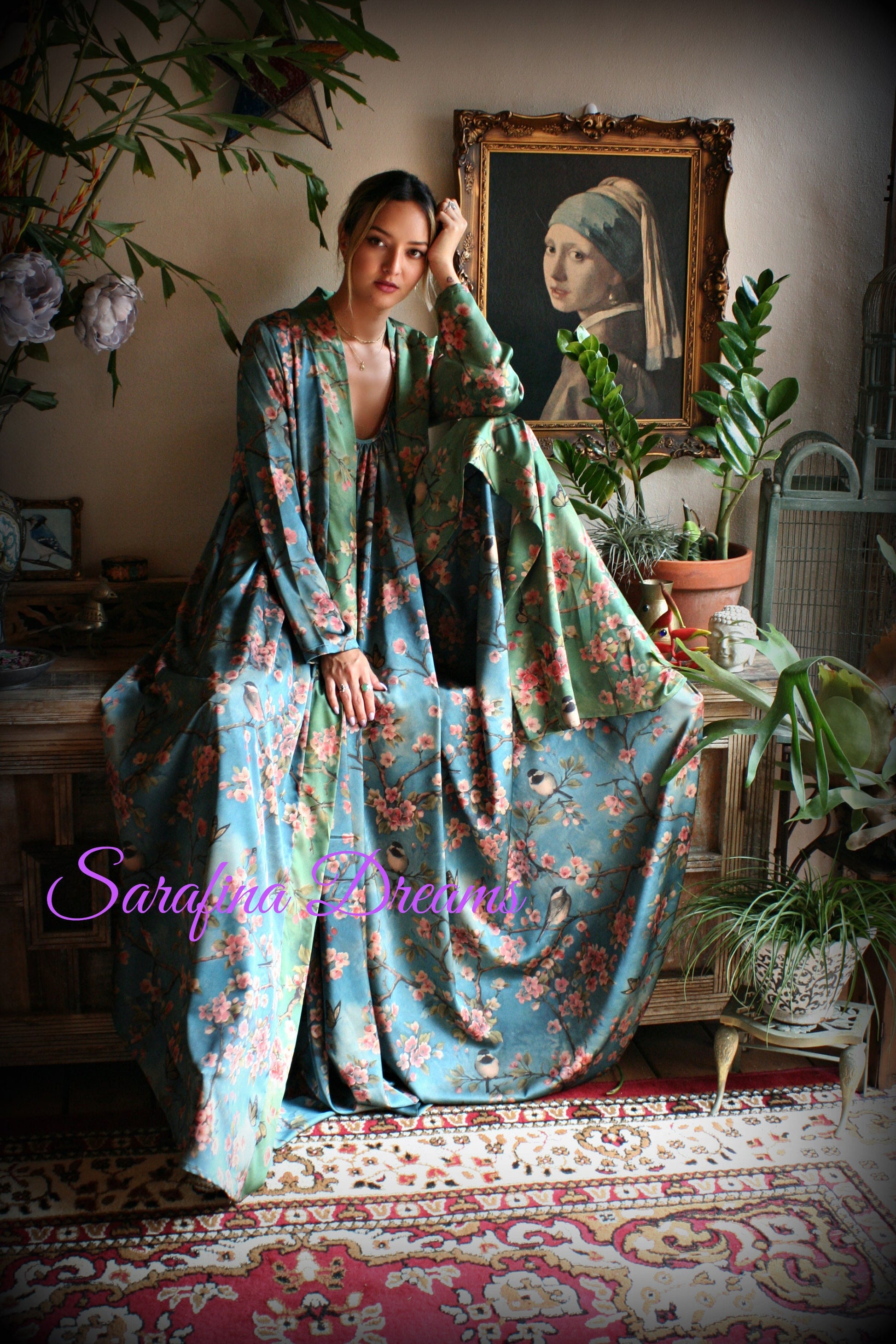 Satin Wrap Robe and Nightgown Set Bird Print Kimono Satin Lingerie Bridal Honeymoon Robe Green Blue Satin Robe Satin Bridal Lingerie SET