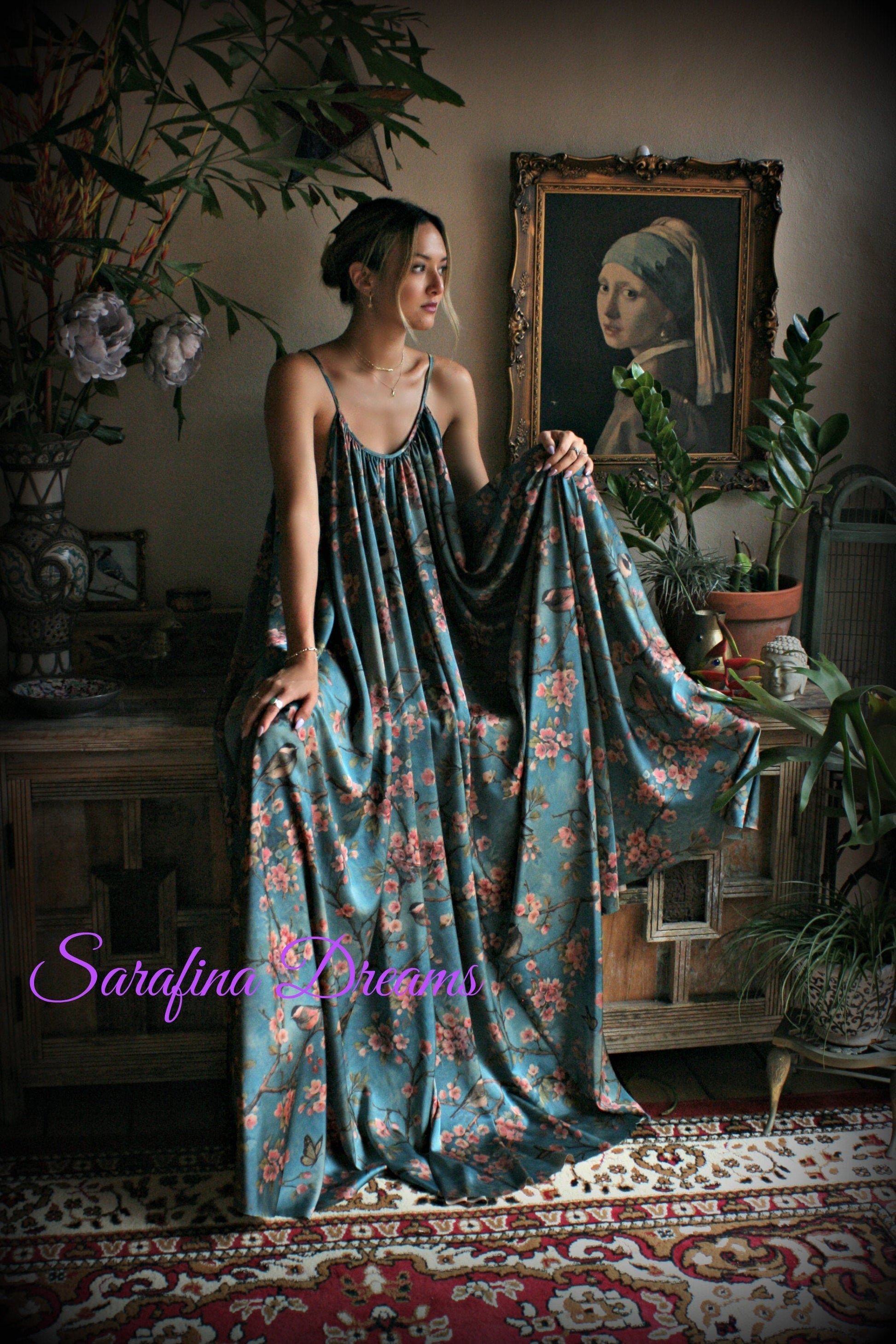Satin Bridal Nightgown Bird Print Bohemian Chic Satin Lingerie Satin Bridal Honeymoon Sleepwear Blue Satin Nightgown Bridal Lingerie