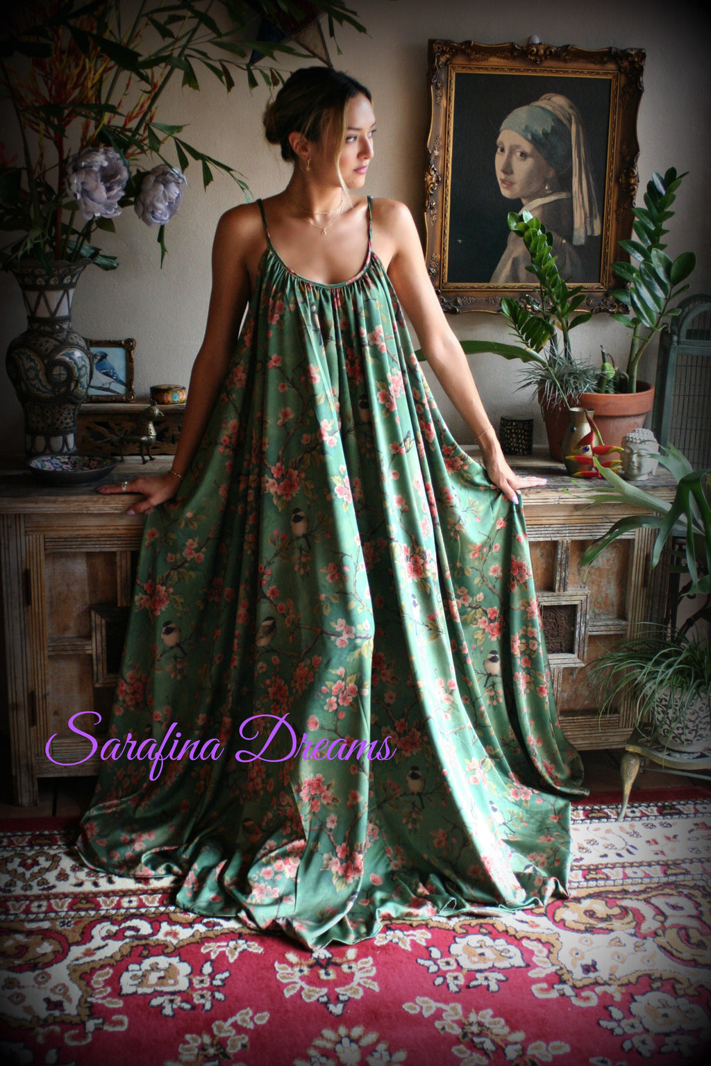 Satin Bridal Nightgown Bird Print Bohemian Chic Satin Lingerie Satin Bridal Honeymoon Sleepwear Green Satin Nightgown Bridal Lingerie