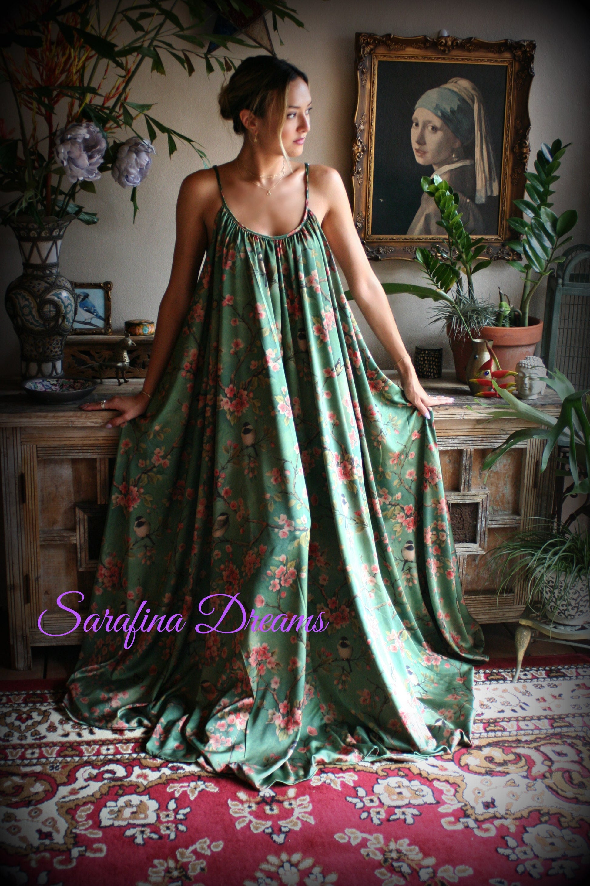 Satin Bridal Nightgown Bird Print Bohemian Chic Satin Lingerie Satin Bridal Honeymoon Sleepwear Green Satin Nightgown Bridal Lingerie