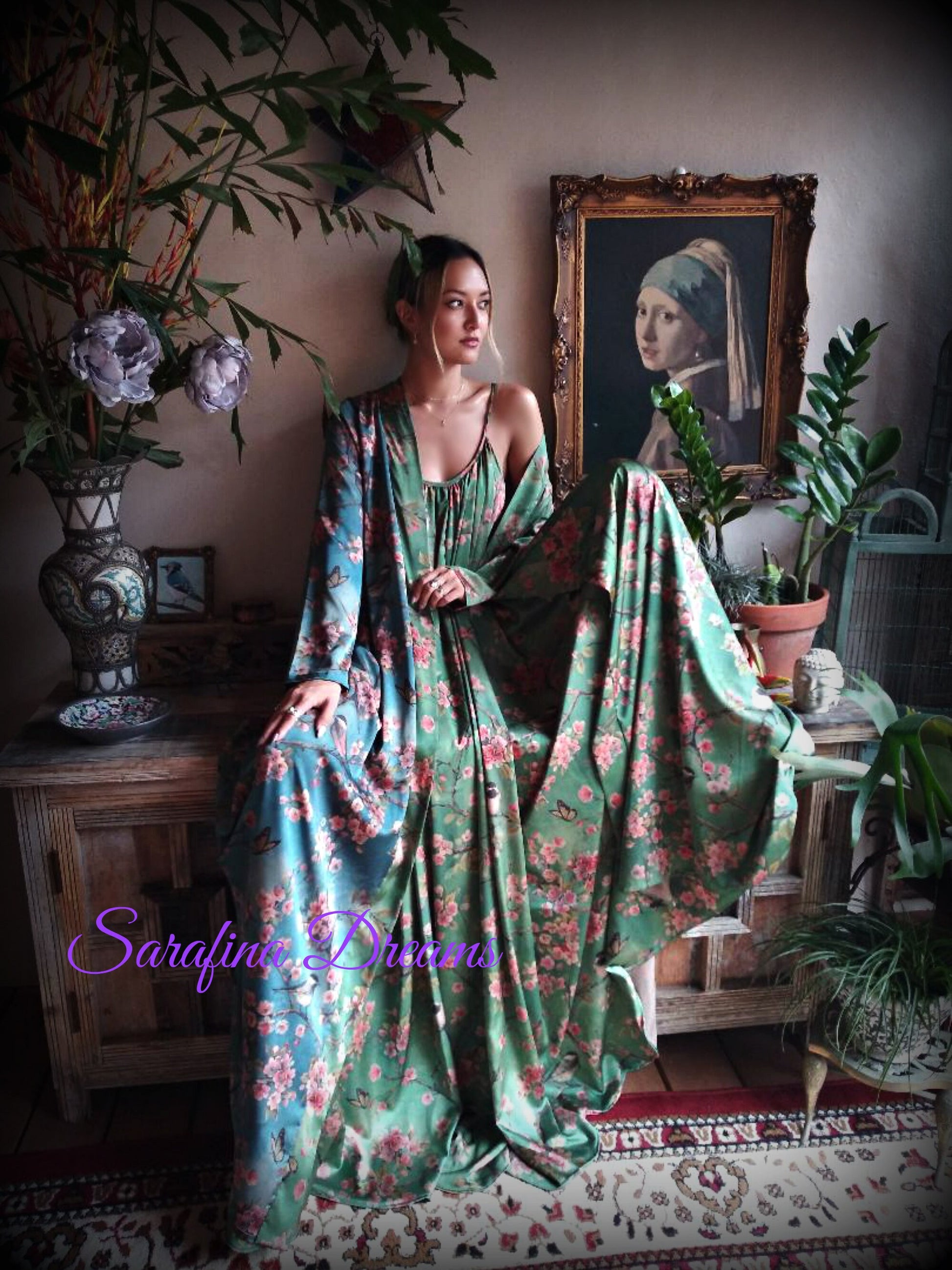 Satin Bridal Nightgown Bird Print Bohemian Chic Satin Lingerie Satin Bridal Honeymoon Sleepwear Green Satin Nightgown Bridal Lingerie