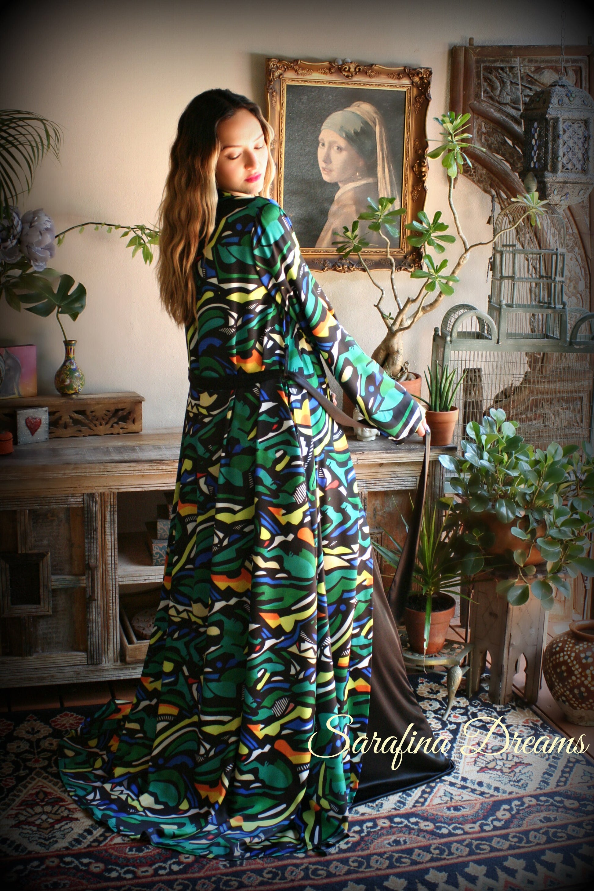 Limited Edition Sha Savage Art Abstract Print Satin Kimono Robe Satin Lingerie Satin Robe abstract Art Sleepwear