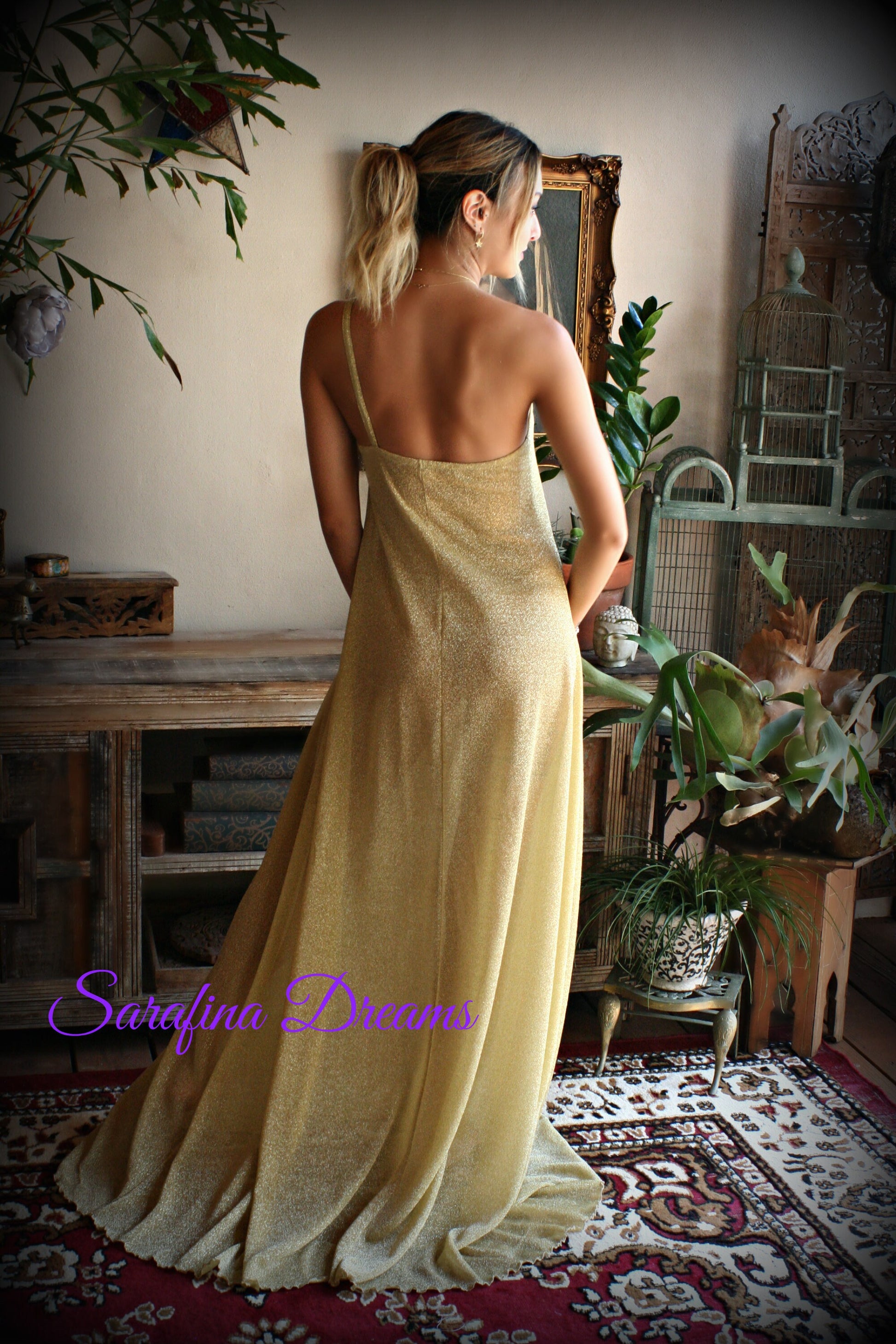 Gold Lame' One Shoulder Nightgown Gold Knit Sleepwear Off Shoulder Lingerie Bridal Sleepwear Bridal Lingerie