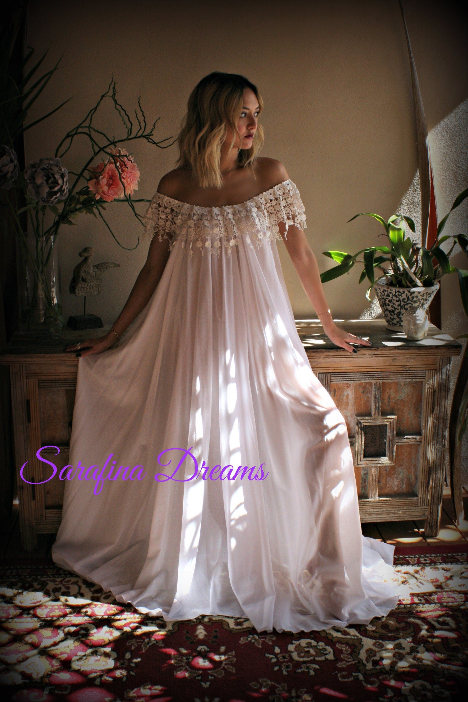 Cotton Nightgown  White Cotton Sleepwear Honeymoon Cotton Lingerie Bridal Lingerie Venice  Lace Nightgown Wedding Nightgown
