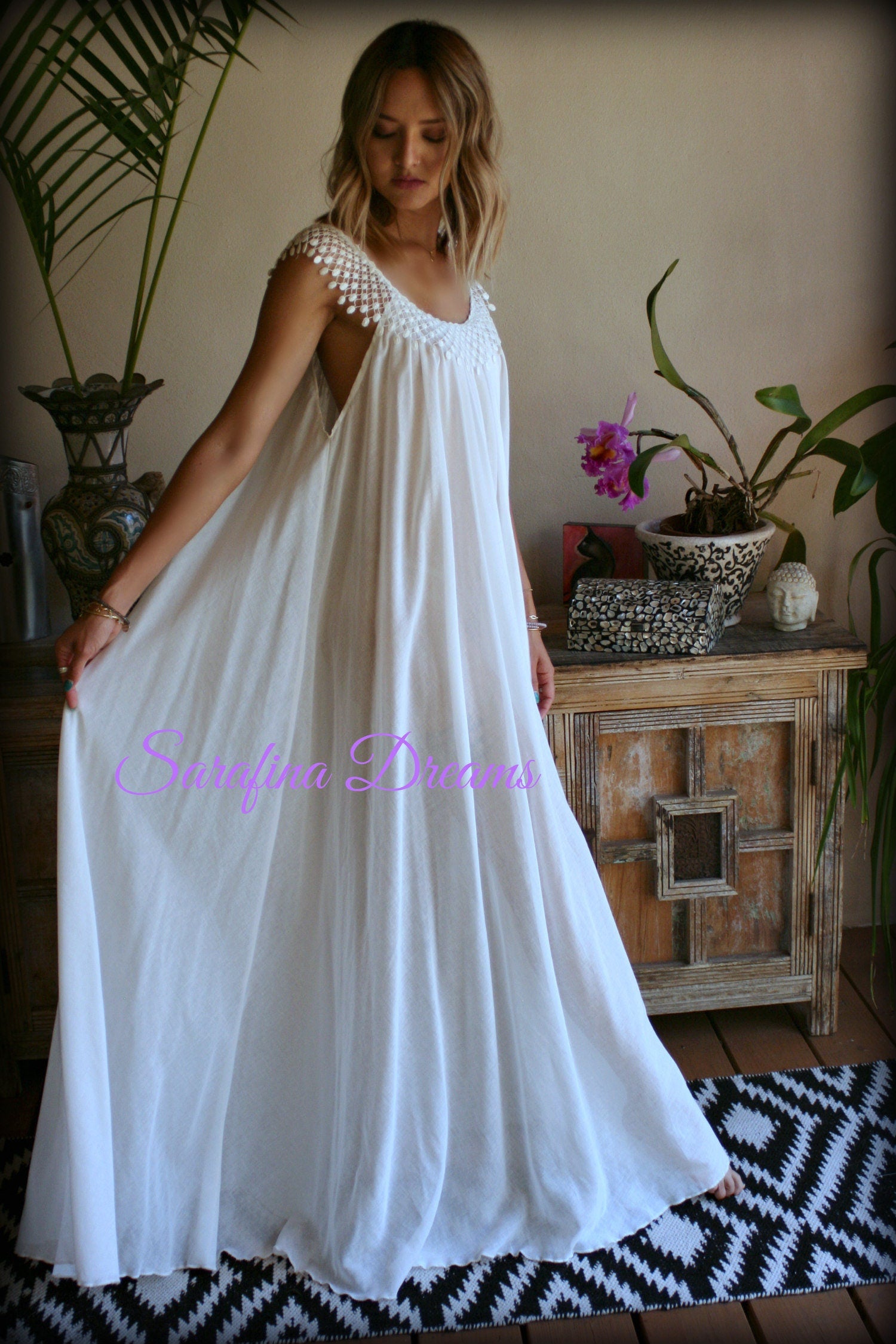 Cotton Nightgown White Cotton Sleepwear Honeymoon Cotton Lingerie Bridal Lingerie Venice  Lace Nightgown Wedding Nightgown