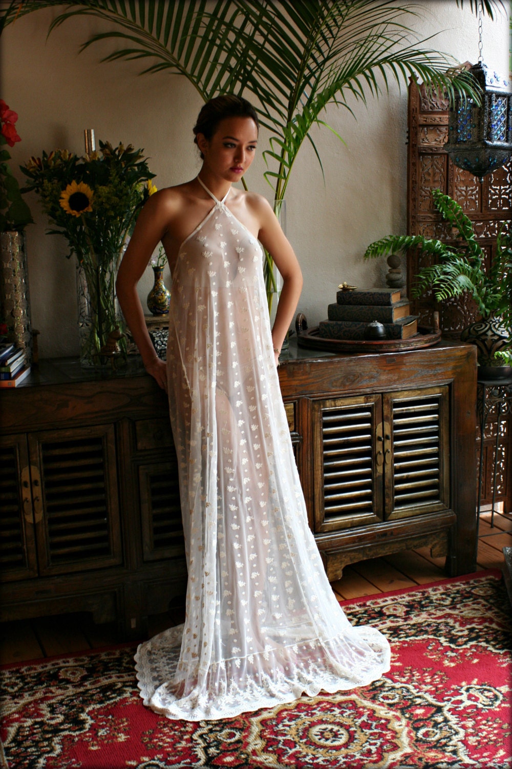 Bridal Nightgown Embroidered Lace Halter Backless Gown Wedding Sleepwear Lingerie Bridal Lingerie Honeymoon French Lace Ivory Lace