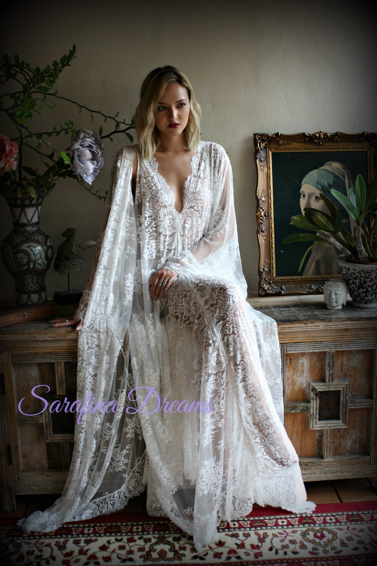 Bridal Lace Wedding Robe Bridal Lingerie Wedding Sleepwear Off White Lace Lingerie Bridal Robe Honeymoon Lingerie Lace Robe Kimono