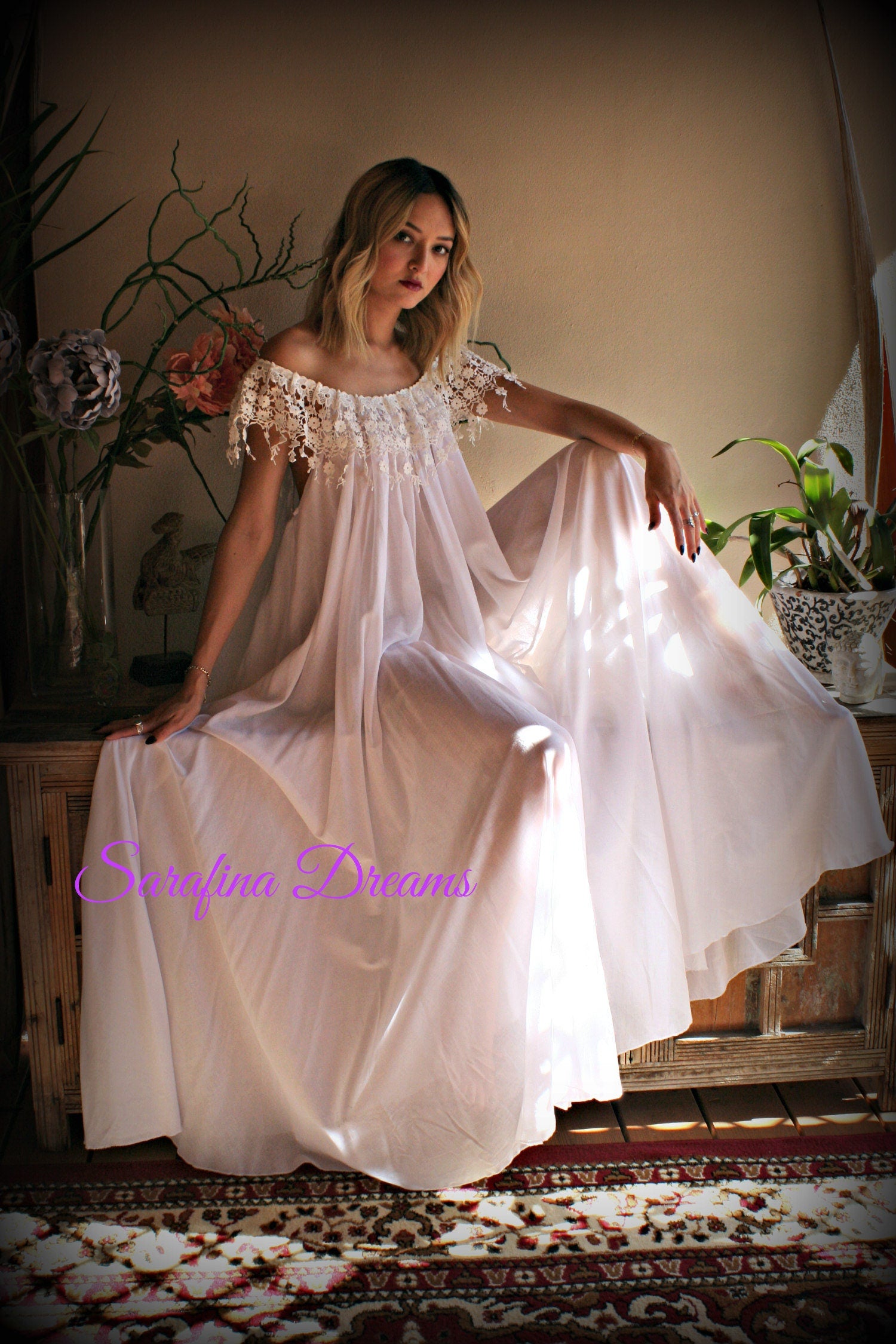 Cotton Nightgown  White Cotton Sleepwear Honeymoon Cotton Lingerie Bridal Lingerie Venice  Lace Nightgown Wedding Nightgown