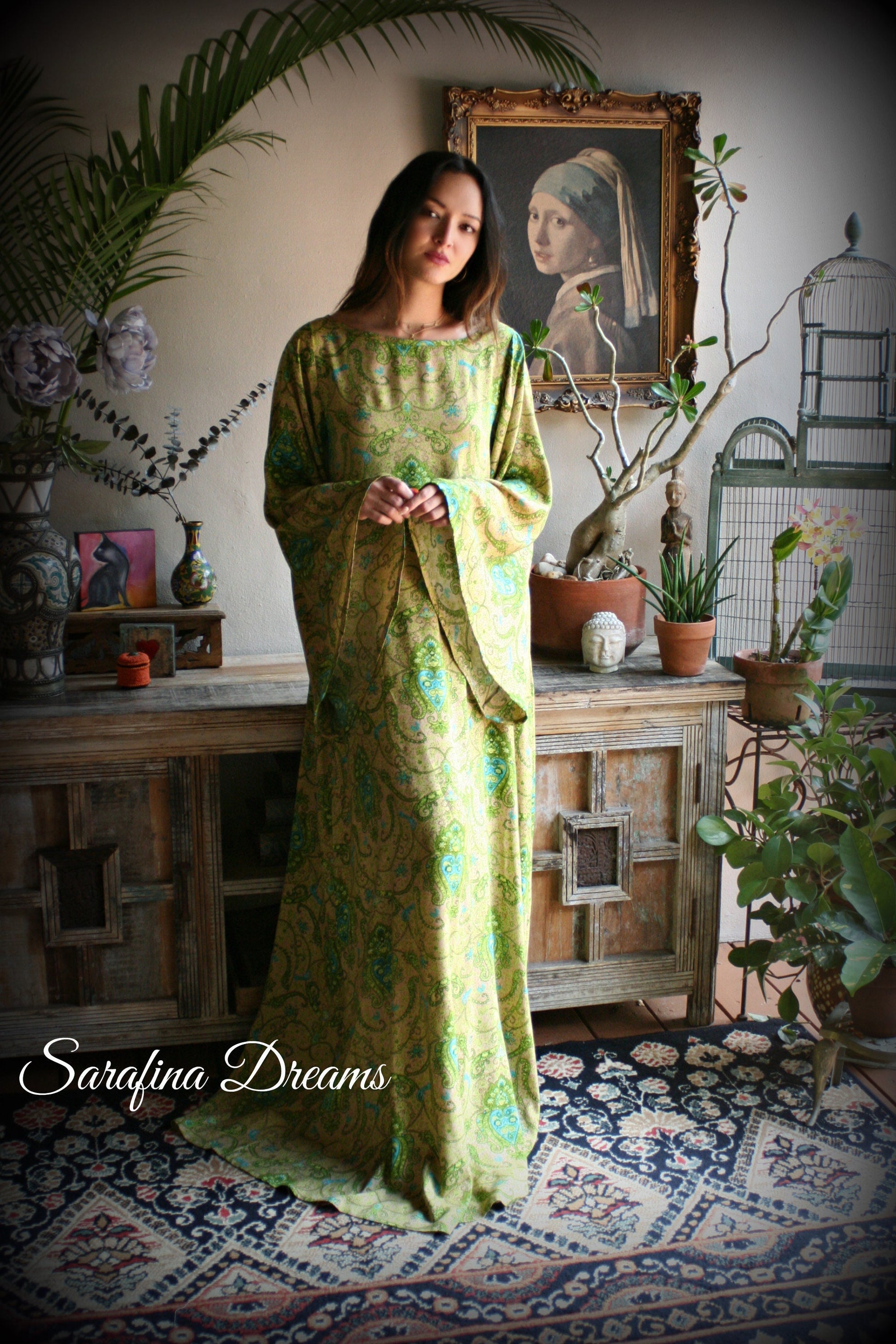 Rayon Nightgown Green Bohemian Print Caftan Sleepwear Backless Dress Nightgown Bridal Nightgown Lingerie Bridal Lingerie