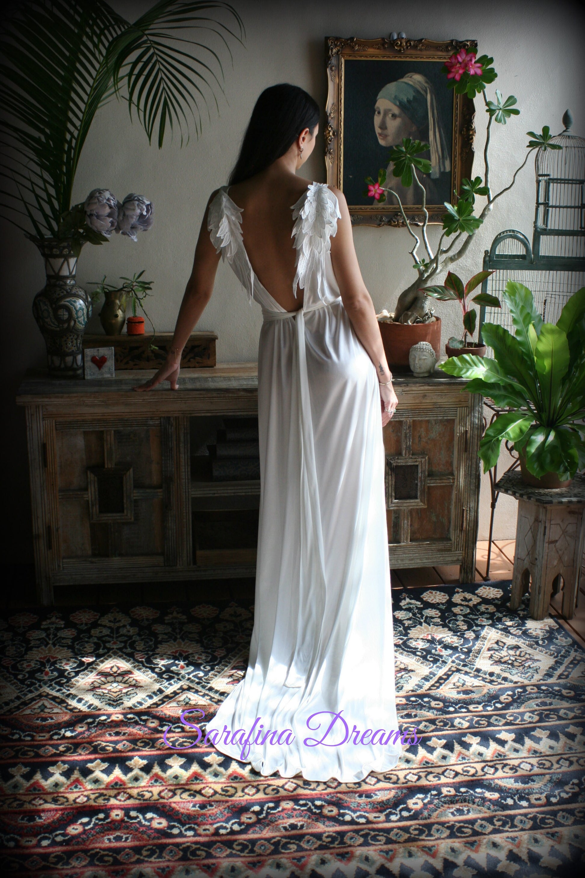 White Satin Bridal Nightgown Angel Wings Nightgown Backless Bridal Lingerie Wedding Nightgown Satin Sleepwear