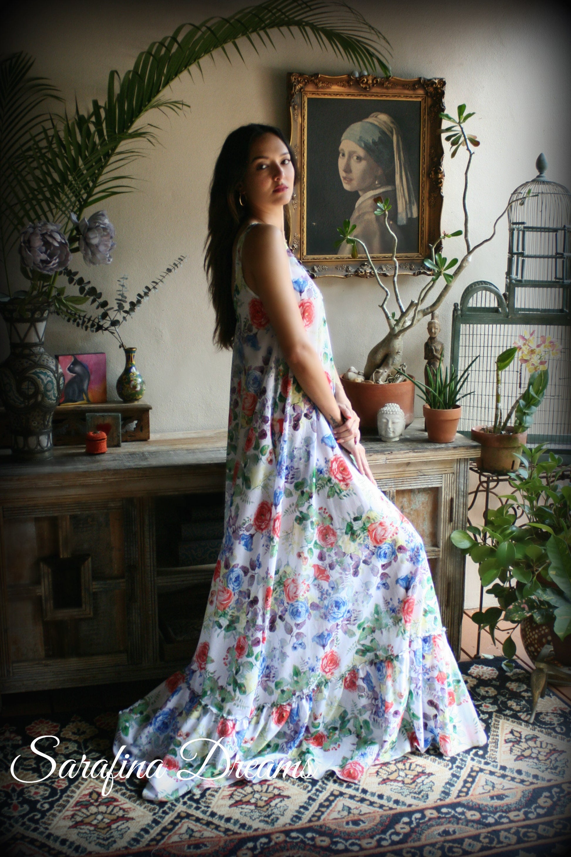 100% Cotton Nightgown Flower Print Ruffle Dress Bridal Nightgown Wedding  Sleepwear Honeymoon Cruise Dress Lingerie