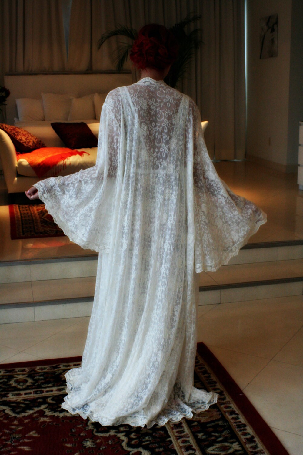Embroidered French Lace Bridal Robe Wedding Lingerie Bridal Sleepwear Ivory Lace Robe Bridal Lingerie Angel Sleeve Wrap Robe