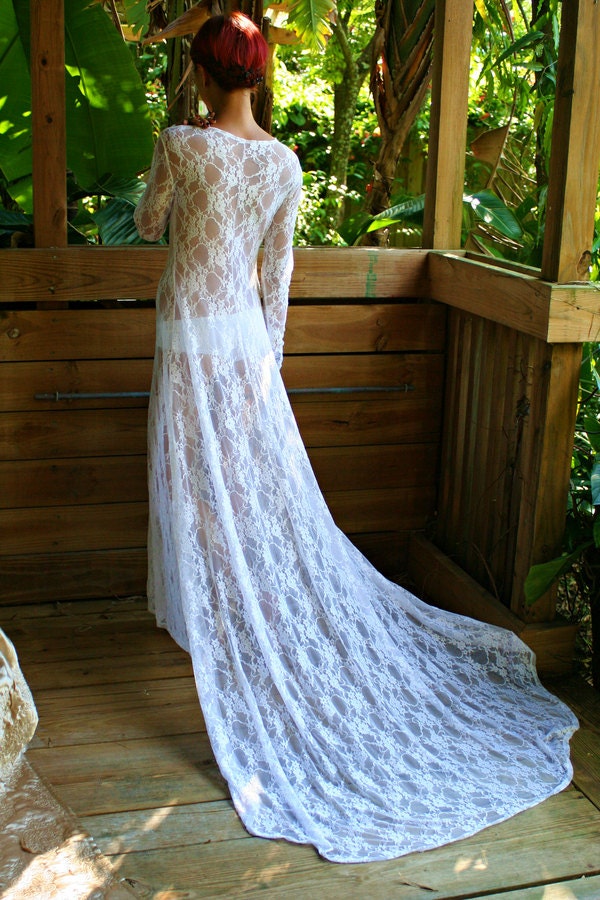 White Lace Bridal Nightgown With Train Wedding Lingerie Bridal Sleepwear Lingerie Honeymoon Trousseau Beach Wedding