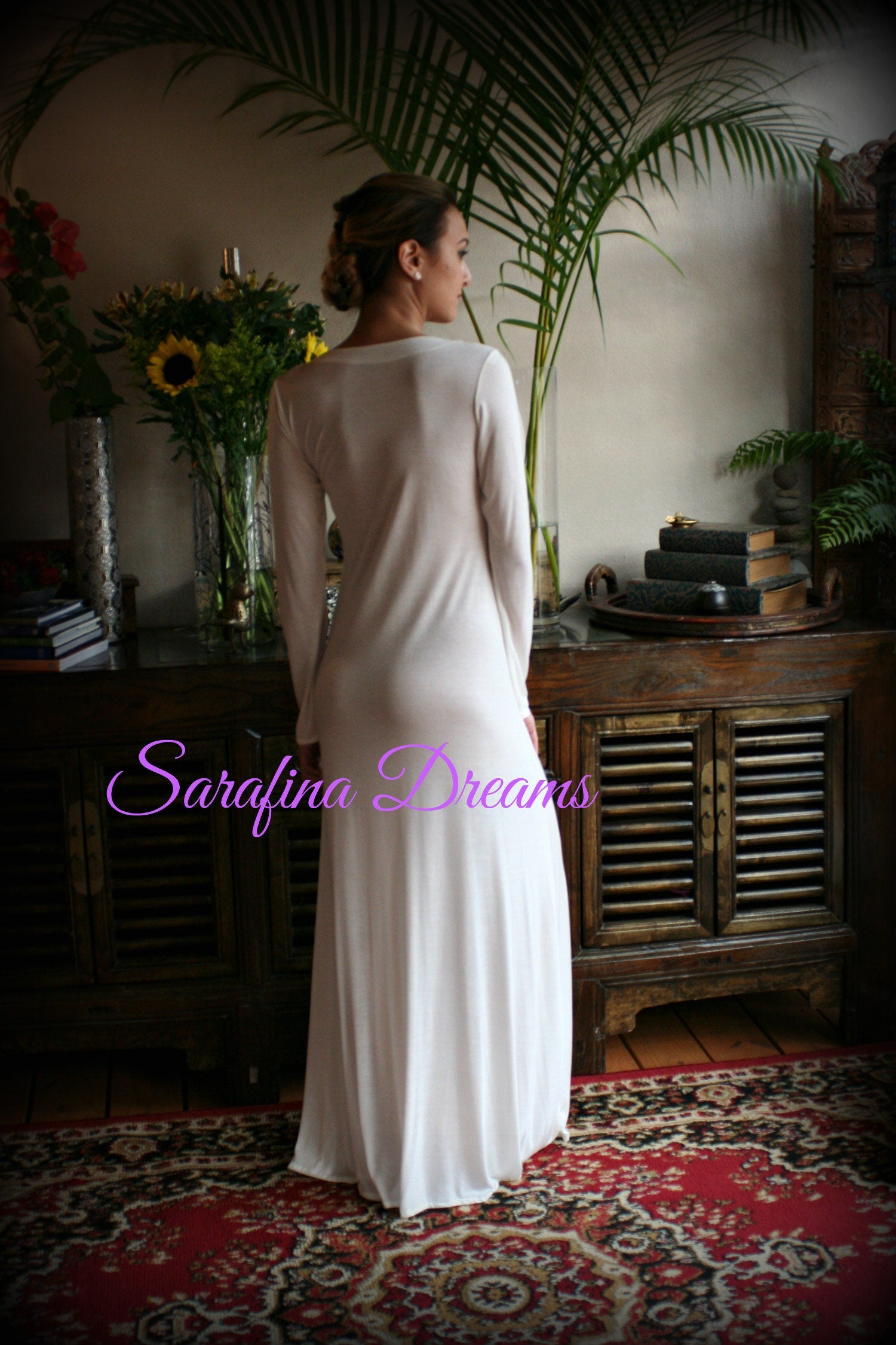 Ivory Silk Knit T Shirt Nightgown Silk Sleep Shirt Lingerie  Sleepwear Bridal Lingerie Wedding Nightgown Long Sleeve Nightgown