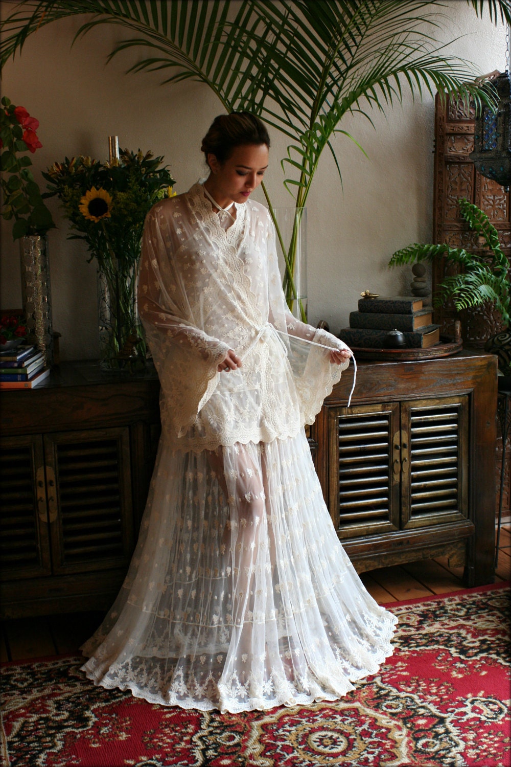 Victorian Lace Bed Jacket Bridal Lingerie Wedding Lingerie Lace Robe Bridal Robe Wedding Sleepwear Lace Lingerie Art Deco  Nightgown