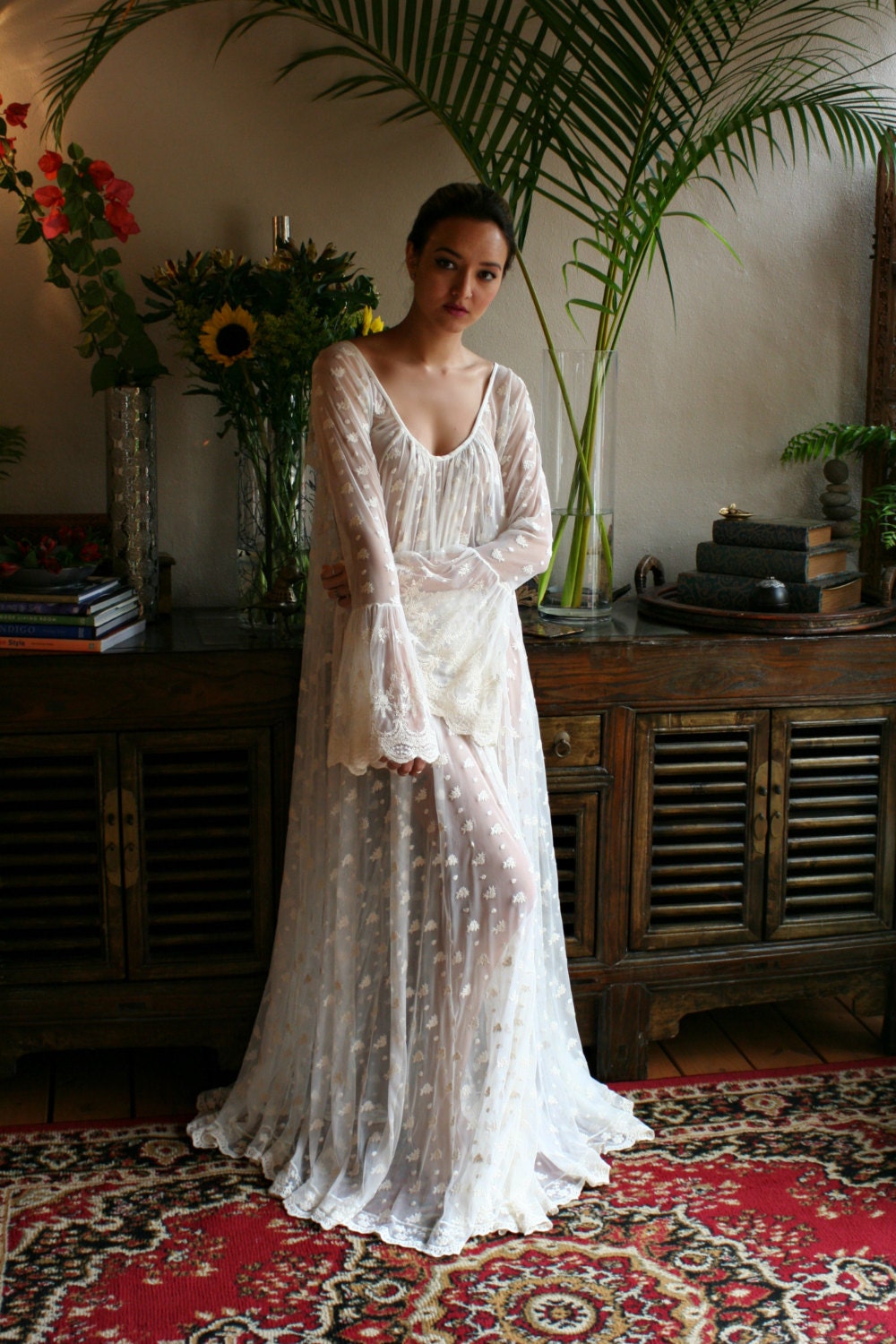 Ivory Lace Bridal Nightgown Full Swing Poets Ruffled Lingerie French Lace Wedding Lingerie Bridal Sleepwear Wedding Lingerie Ivory Lace Gown