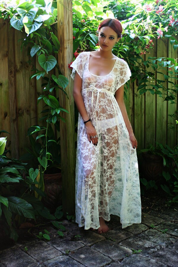 Sheer Lace Bridal Nightgown Lingerie Wedding Trousseau Ivory Lace White Lace Empire Bodice Honeymoon Sleepwear