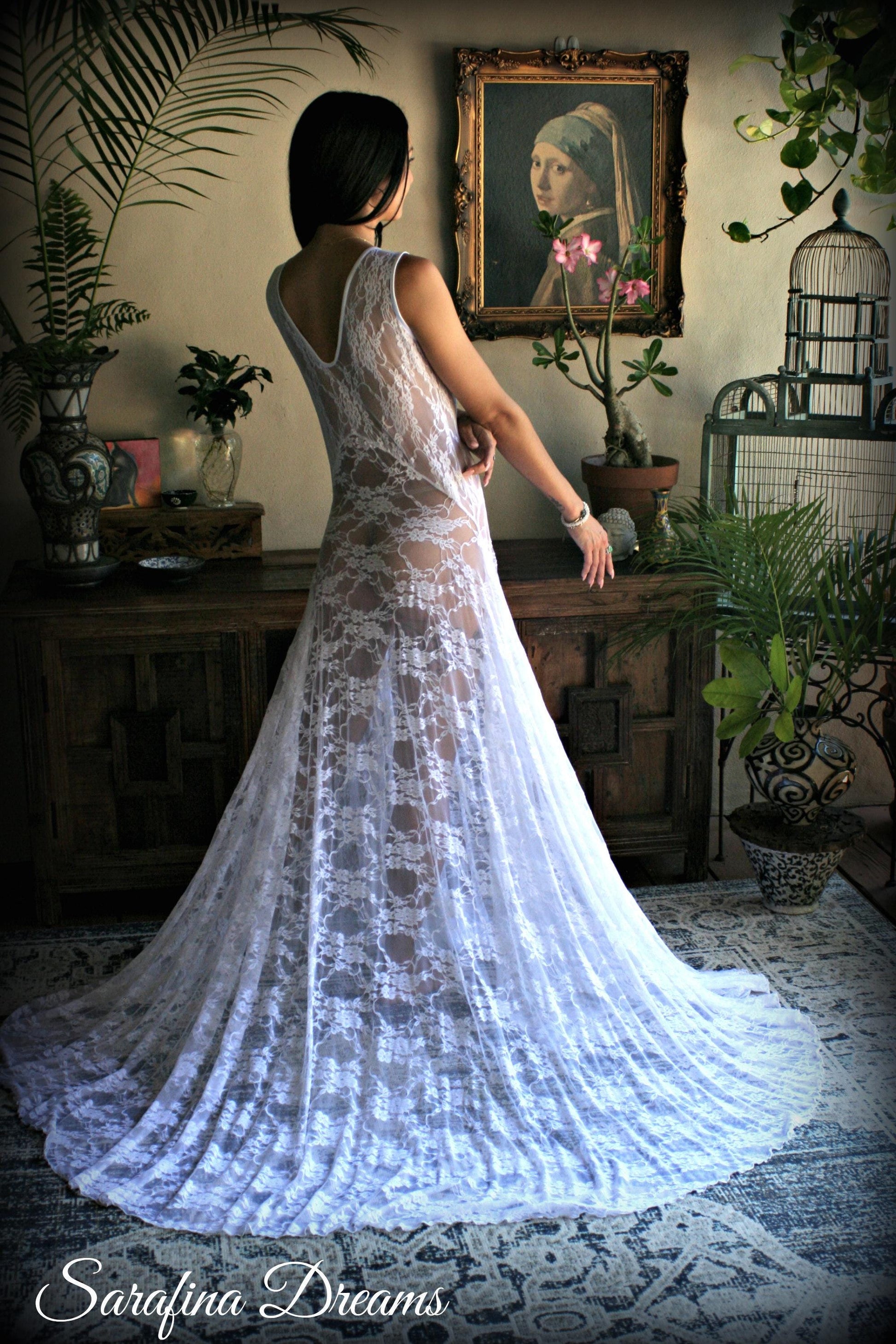 White Lace Bridal Nightgown With Train Wedding Lingerie Bridal Sleepwear Art Deco Bridal Honeymoon Trousseau Sleepwear Wedding Nightgown