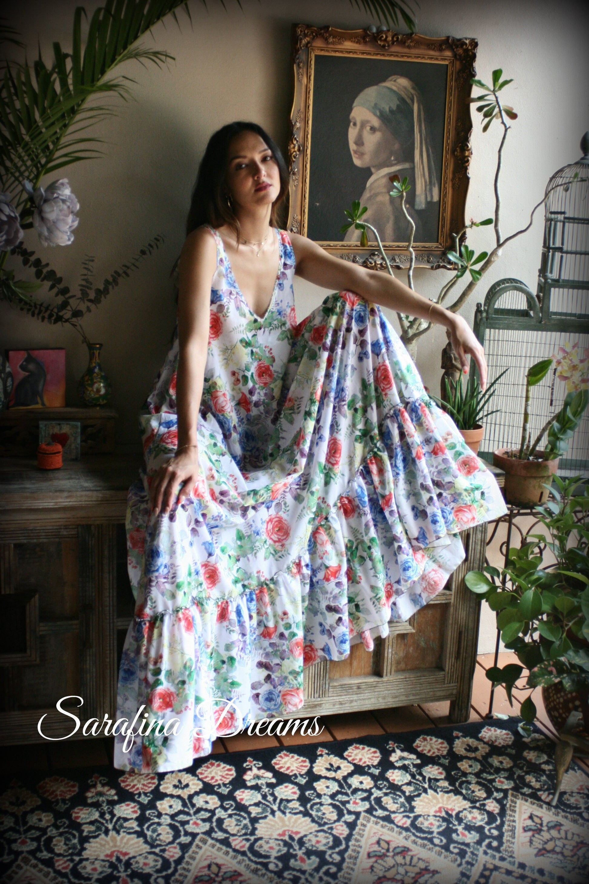 100% Cotton Nightgown Flower Print Ruffle Dress Bridal Nightgown Wedding  Sleepwear Honeymoon Cruise Dress Lingerie