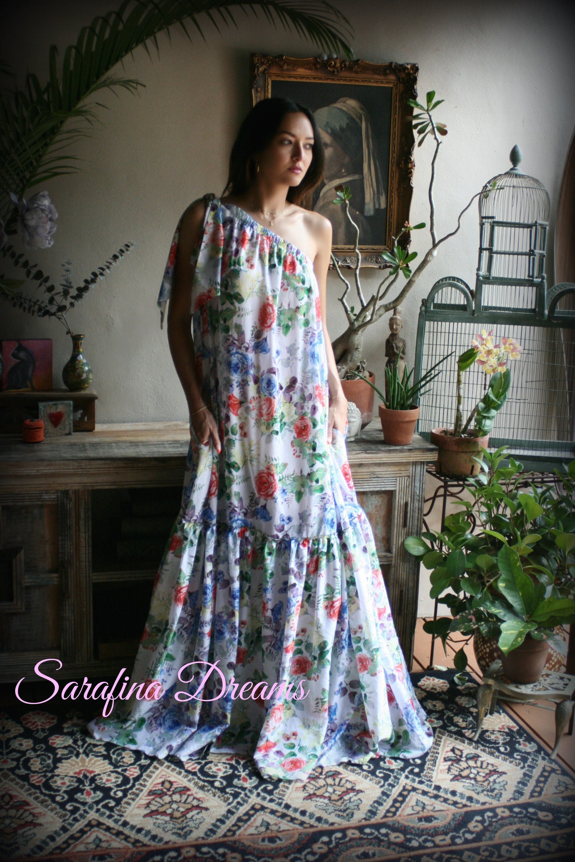 100% Cotton Flower Print One Shoulder Dress Nightgown Sleepwear Honeymoon Cruise Dress Holiday Dress Lingerie