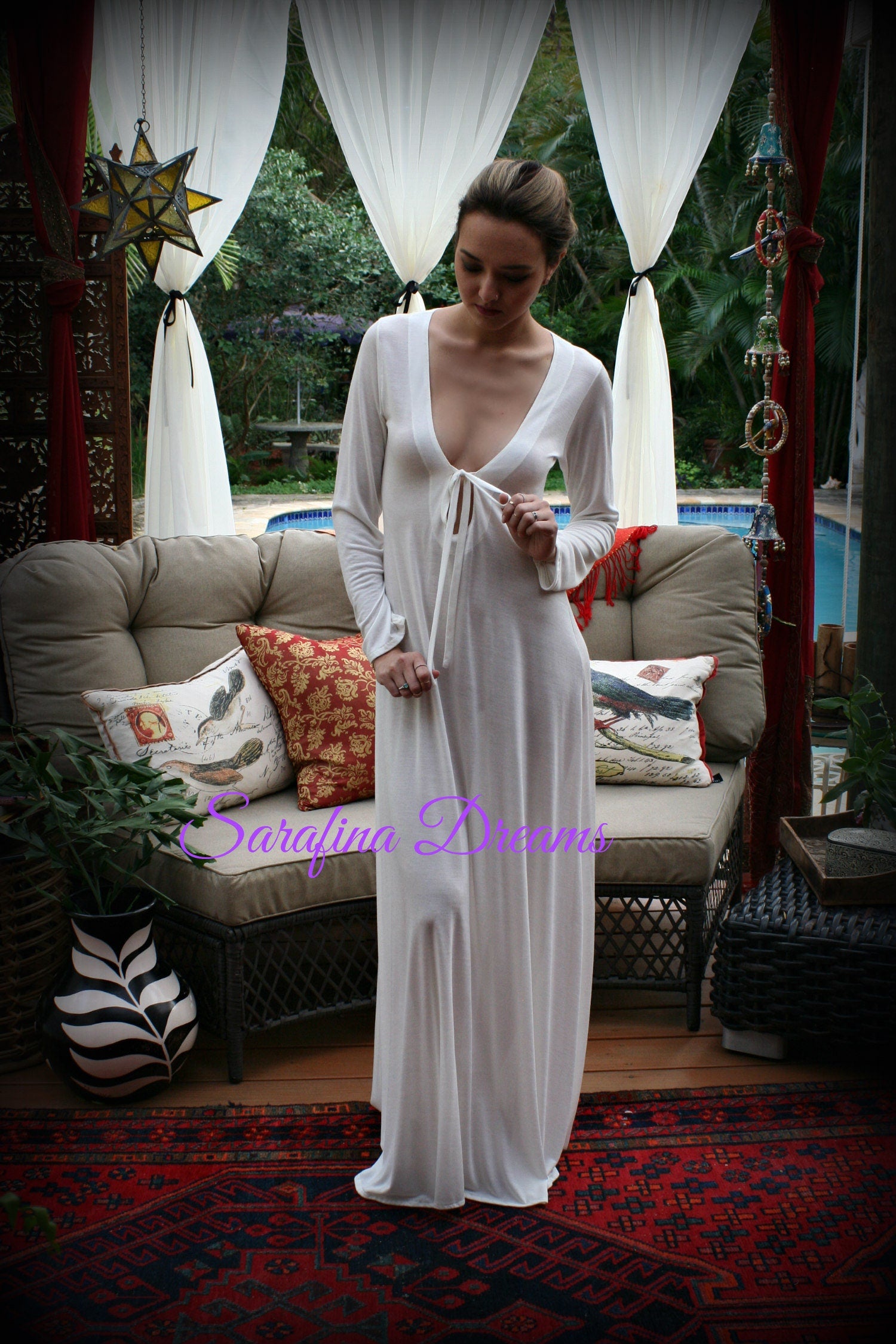 Ivory Silk Knit T Shirt Nightgown Silk Sleep Shirt Lingerie  Sleepwear Bridal Lingerie Wedding Nightgown Long Sleeve Nightgown