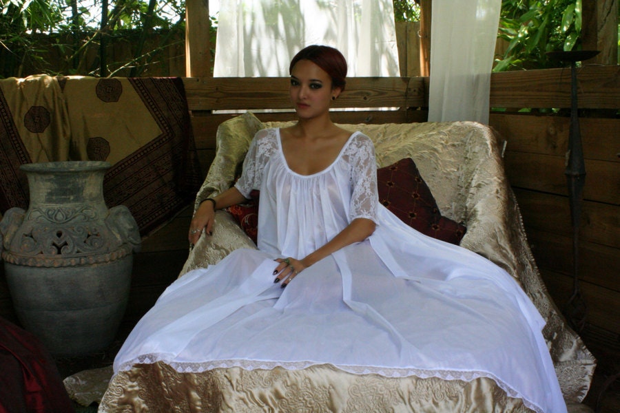 White Bridal Romance Full Swing Nightgown Lace Sleeves Bridal Lingerie Wedding Sleepwear Honeymoon Cruise Spa Holiday