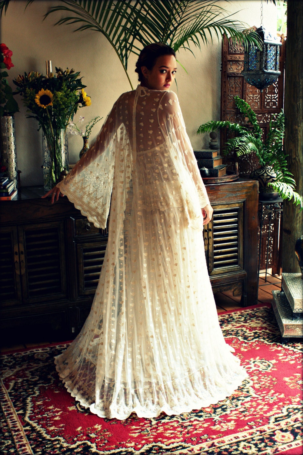 Bridal Robe Embroidered French Lace Wrap Robe Angel Sleeve Wedding Lingerie Bridal Sleepwear Ivory Lace Dressing Gown