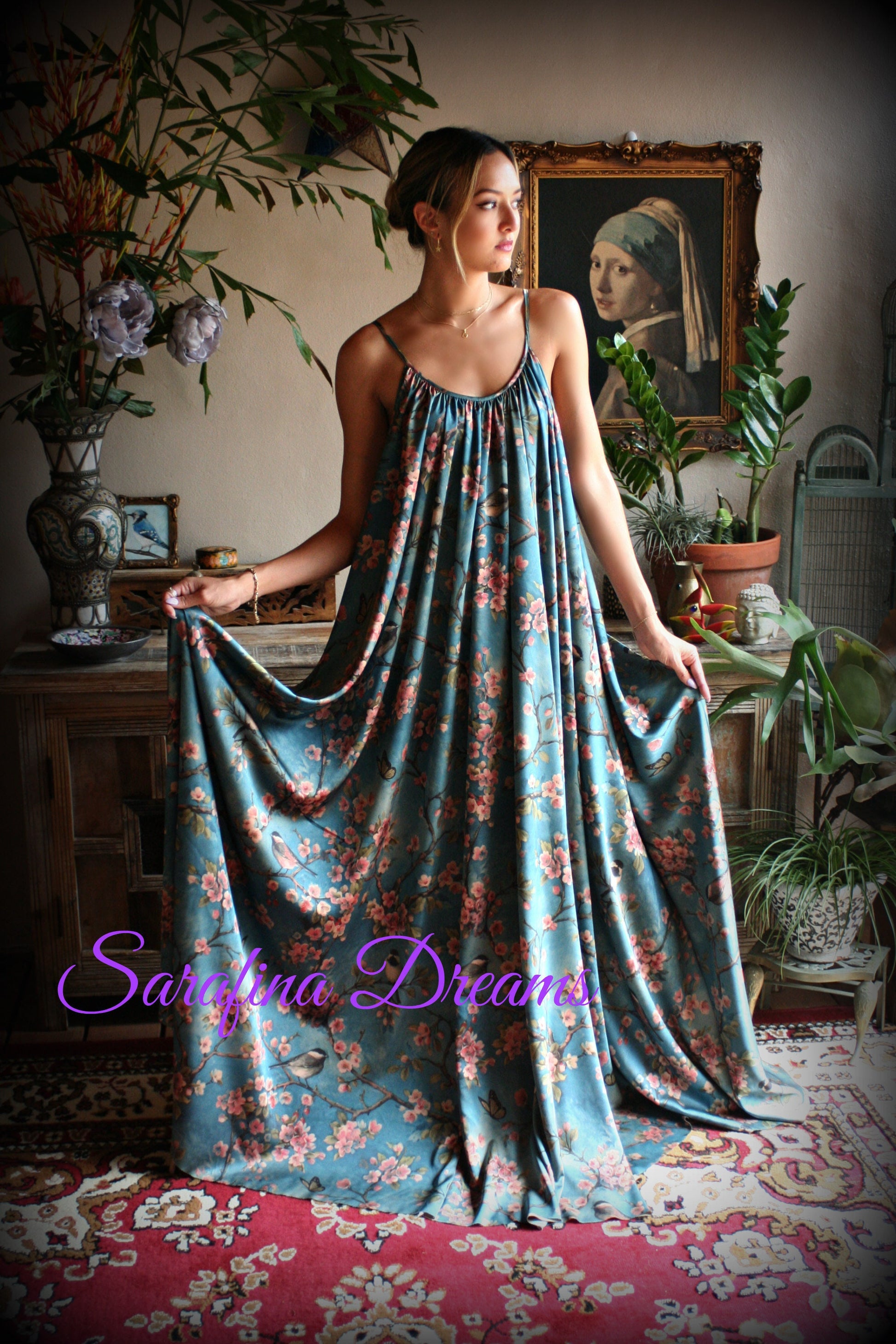 Satin Bridal Nightgown Bird Print Bohemian Chic Satin Lingerie Satin Bridal Honeymoon Sleepwear Blue Satin Nightgown Bridal Lingerie