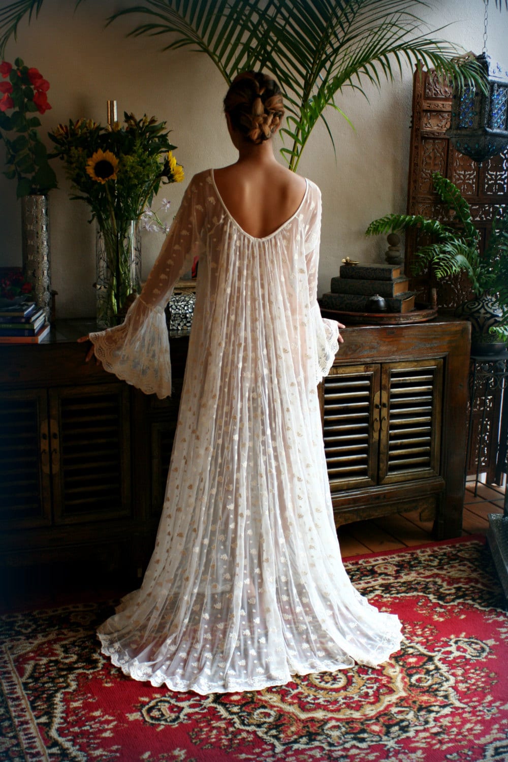 Ivory Lace Bridal Nightgown Full Swing Poets Ruffled Lingerie French Lace Wedding Lingerie Bridal Sleepwear Wedding Lingerie Ivory Lace Gown