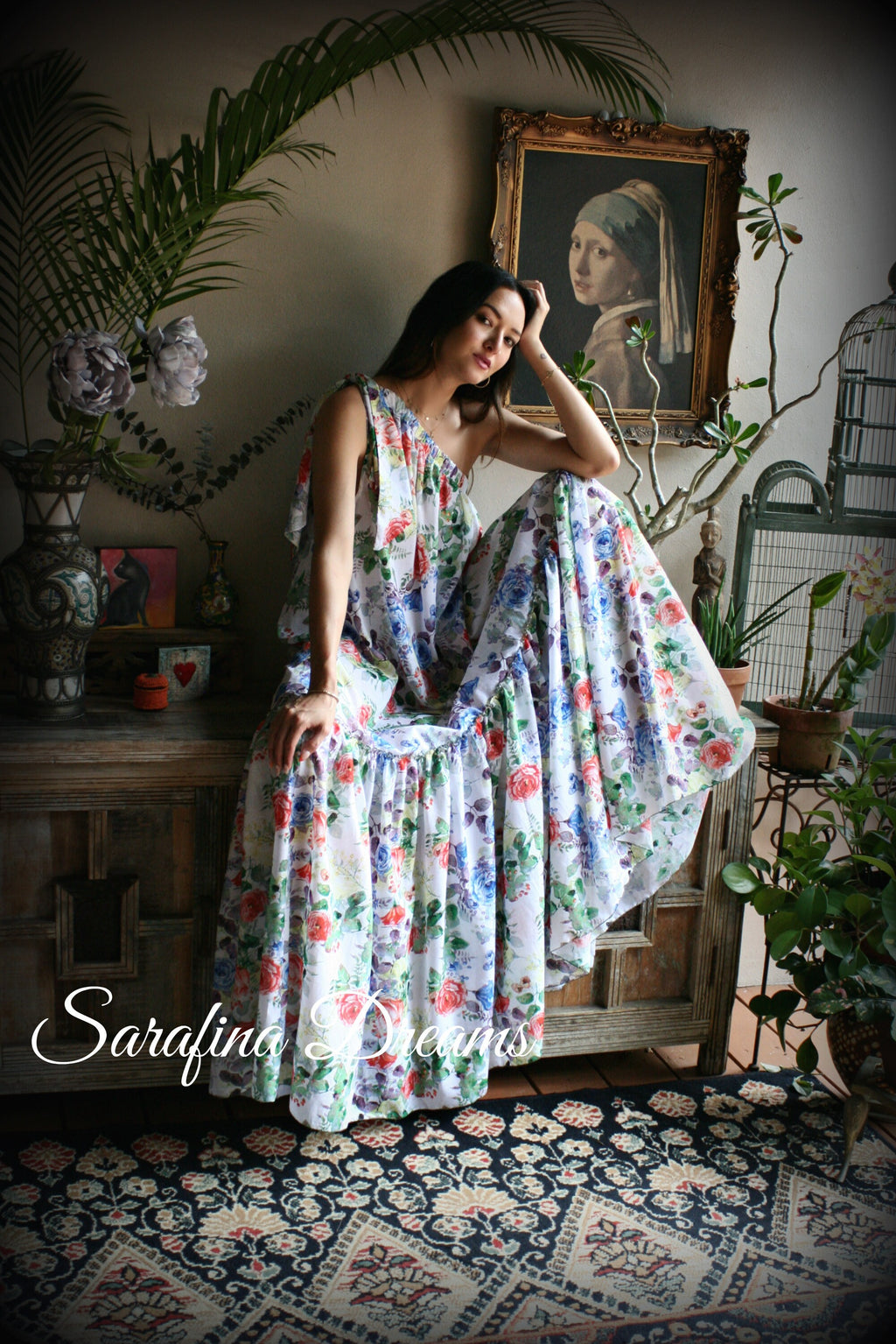 100% Cotton Flower Print One Shoulder Dress Nightgown Sleepwear Honeymoon Cruise Dress Holiday Dress Lingerie