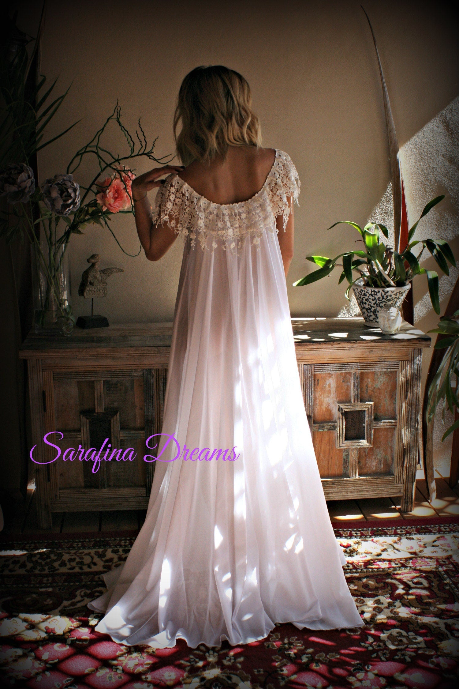 Cotton Nightgown  White Cotton Sleepwear Honeymoon Cotton Lingerie Bridal Lingerie Venice  Lace Nightgown Wedding Nightgown