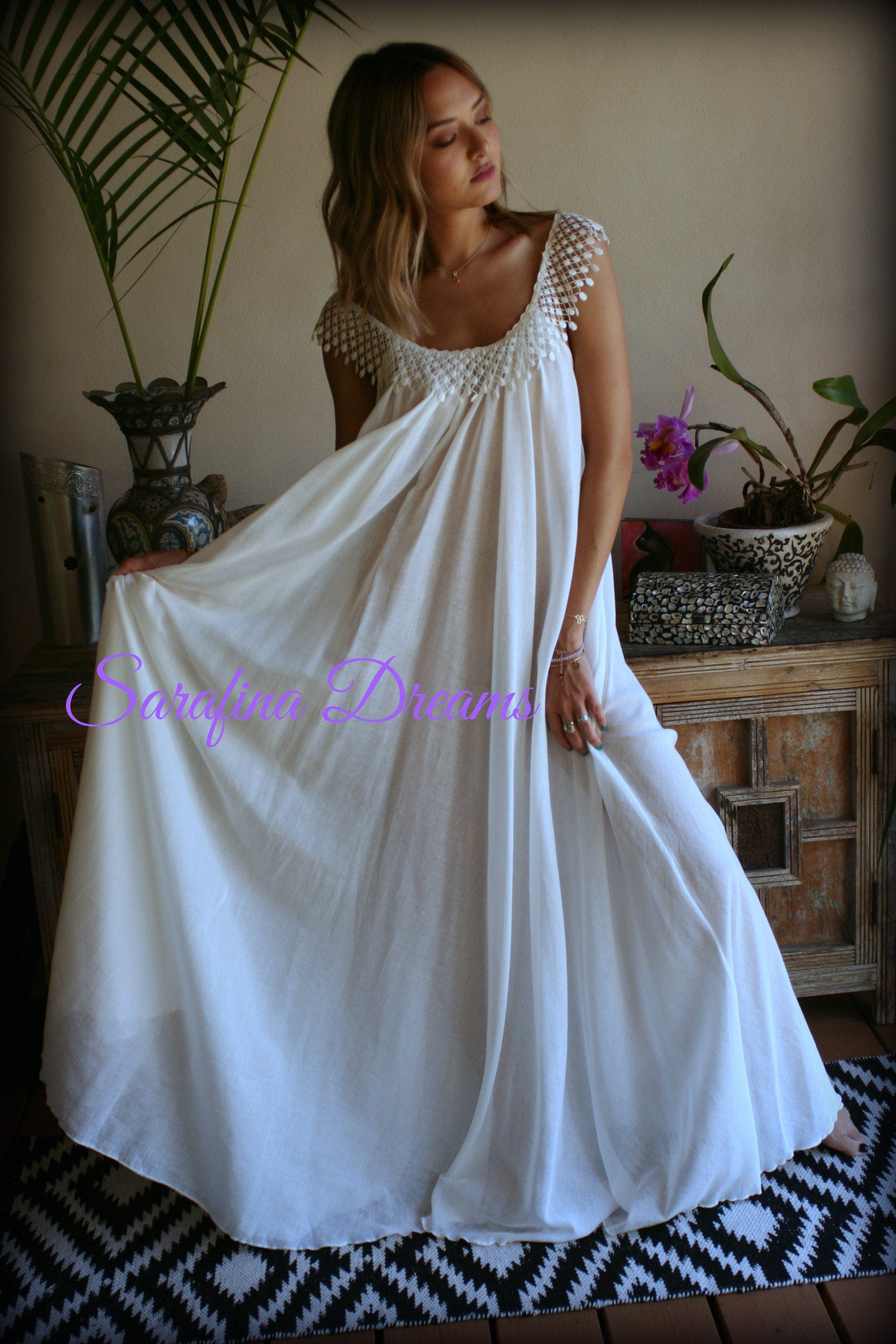 Cotton Nightgown White Cotton Sleepwear Honeymoon Cotton Lingerie Bridal Lingerie Venice  Lace Nightgown Wedding Nightgown
