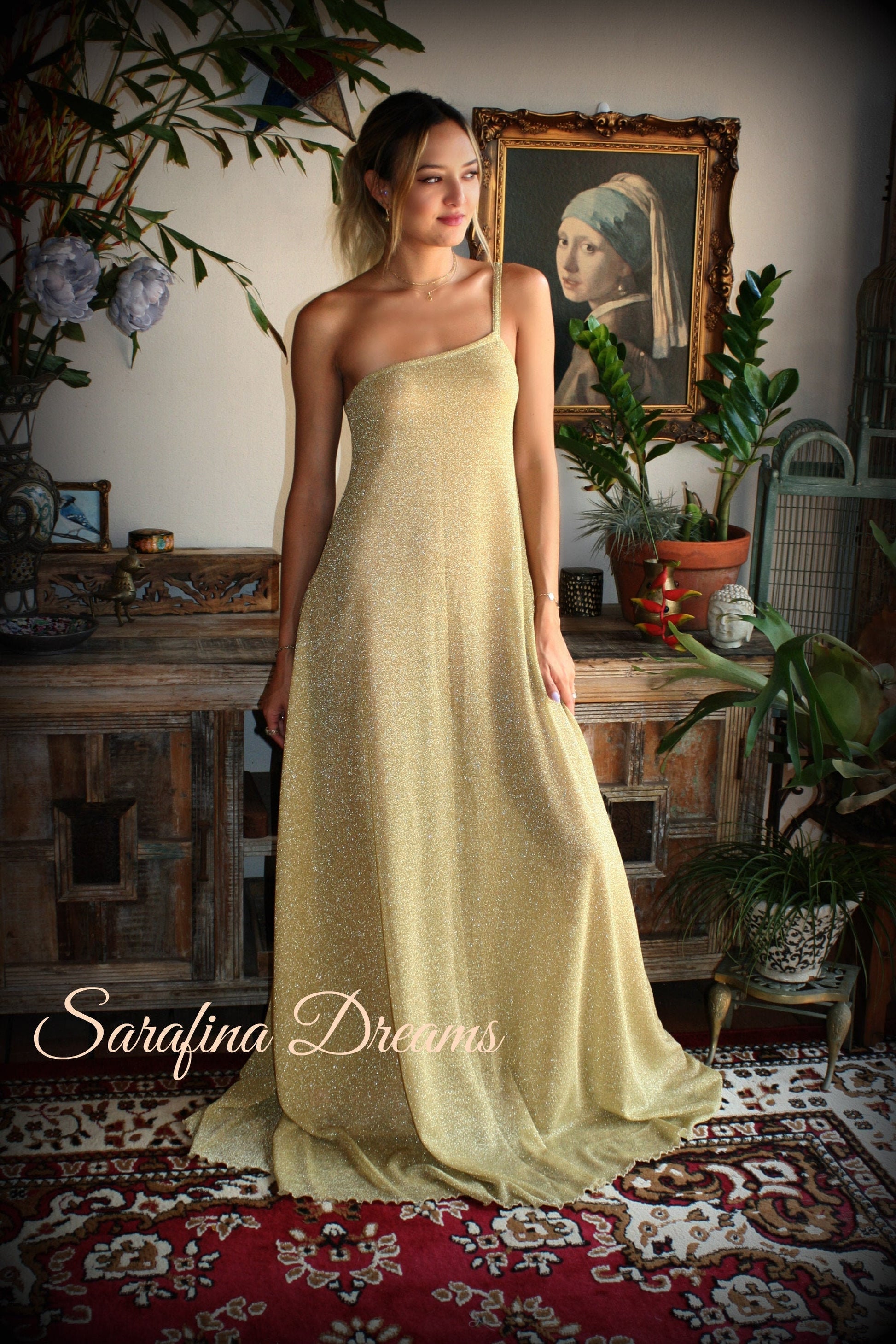 Gold Lame' One Shoulder Nightgown Gold Knit Sleepwear Off Shoulder Lingerie Bridal Sleepwear Bridal Lingerie