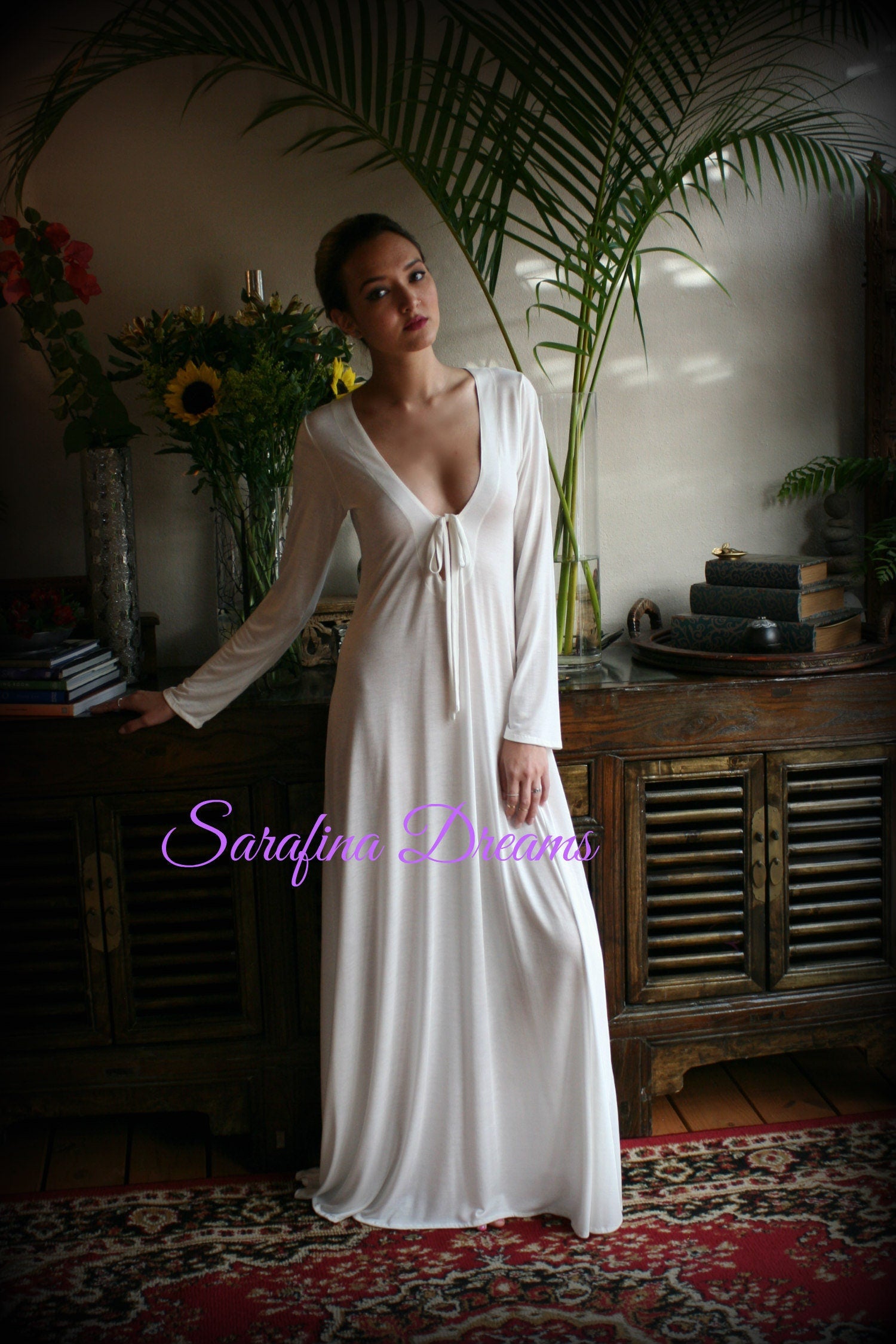 Ivory Silk Knit T Shirt Nightgown Silk Sleep Shirt Lingerie  Sleepwear Bridal Lingerie Wedding Nightgown Long Sleeve Nightgown