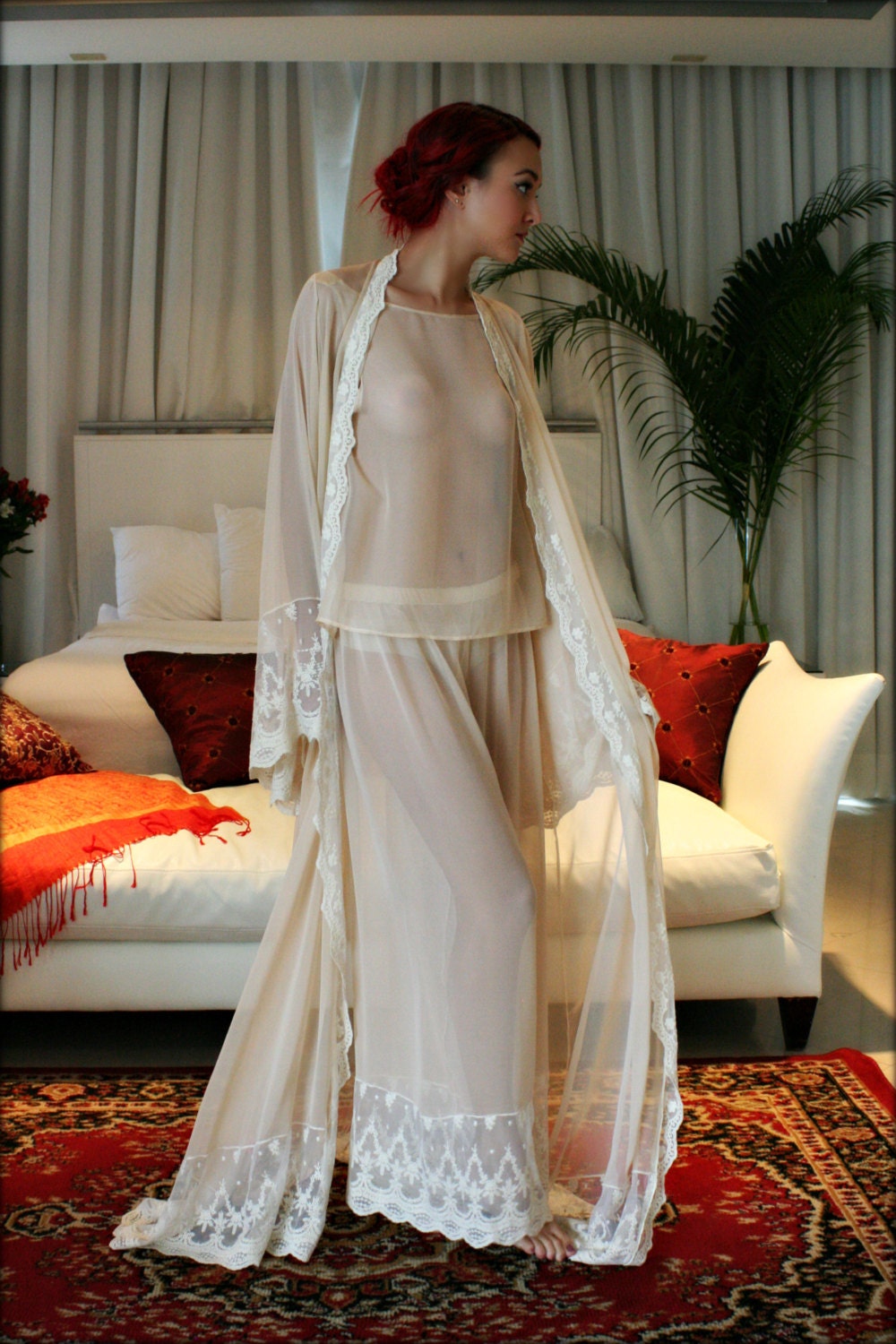 Silk Pajamas Champagne Chiffon Bridal Lingerie Versailles French Lace Wedding Lingerie Bridal Sleepwear Silk Sleepwear Silk Lingerie