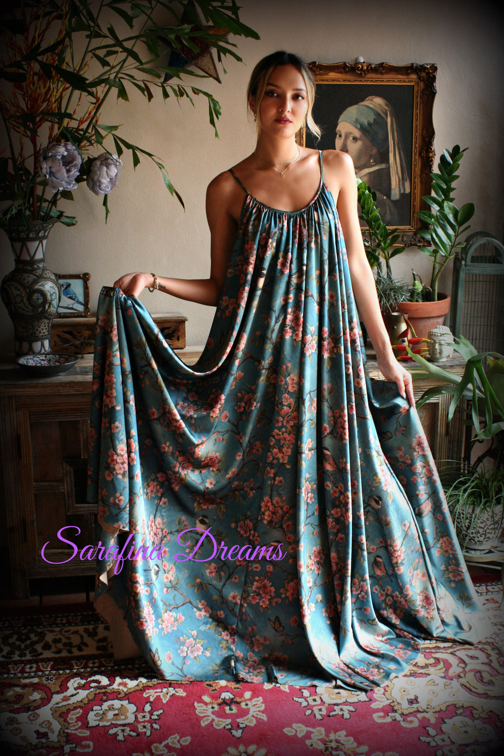 Satin Bridal Nightgown Bird Print Bohemian Chic Satin Lingerie Satin Bridal Honeymoon Sleepwear Blue Satin Nightgown Bridal Lingerie