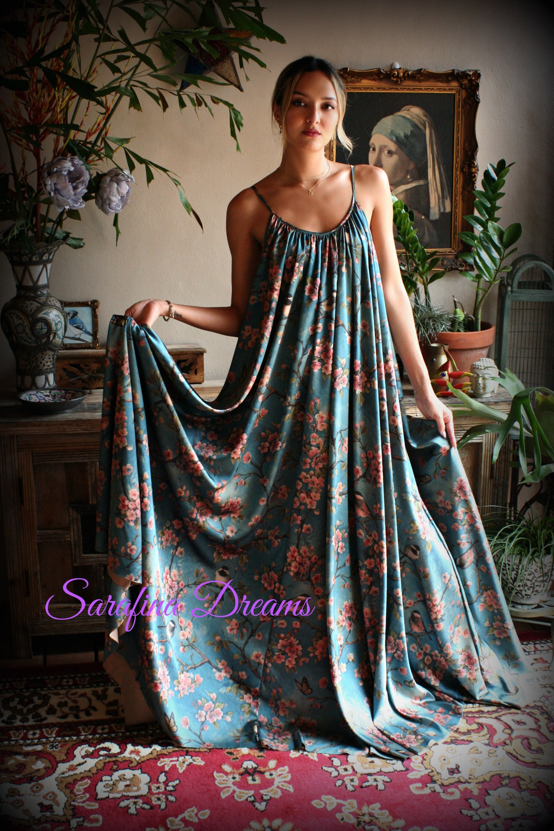 Satin Bridal Nightgown Bird Print Bohemian Chic Satin Lingerie Satin Bridal Honeymoon Sleepwear Blue Satin Nightgown Bridal Lingerie