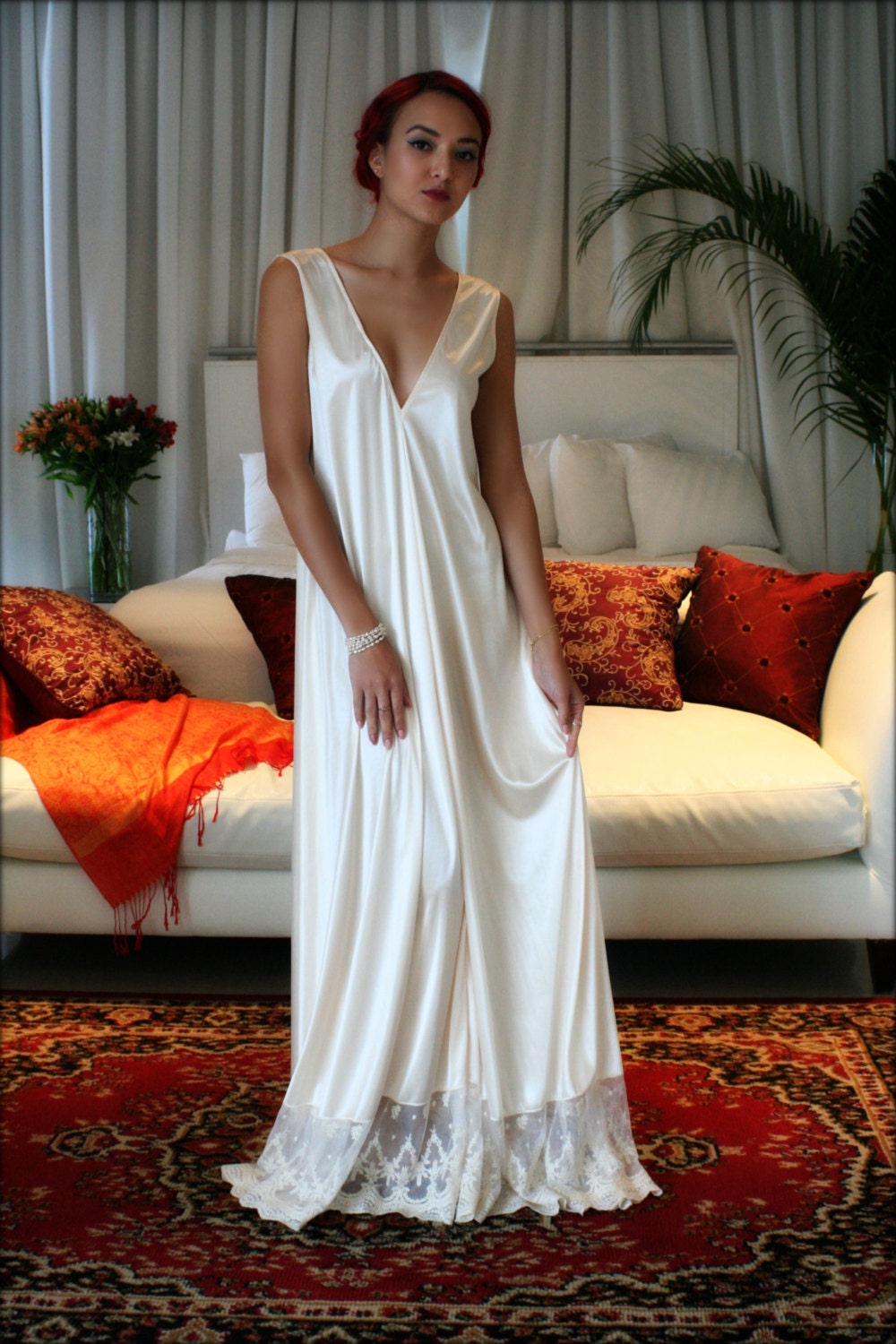 Bridal Nightgown Satin Wedding Lingerie Champagne French Lace Sleepwear  Backless Nightgown Bridal Lingerie Satin Nightgown  Sarafina Prima