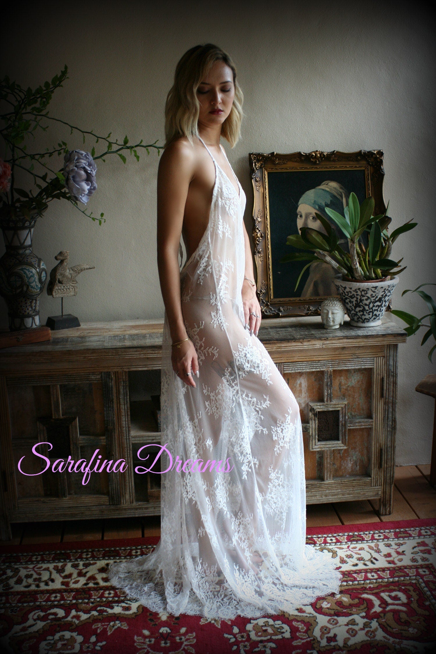 Bridal Lace Backless Nightgown Wedding Lingerie Bridal Lingerie Wedding Nightgown Honeymoon Sleepwear Lace Lingerie Halter nightgown