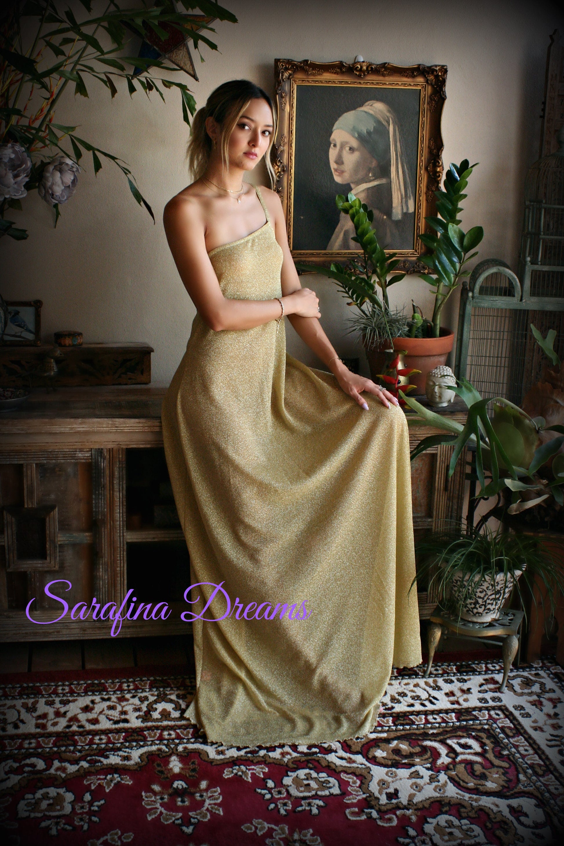 Gold Lame' One Shoulder Nightgown Gold Knit Sleepwear Off Shoulder Lingerie Bridal Sleepwear Bridal Lingerie