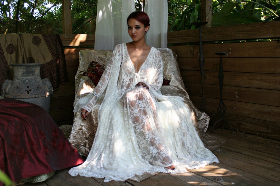 Bridal Robe Wedding Lingerie White Lace Robe Bridal Sleepwear Angel Sleeve Boudoir Trousseau Sarafina Dreams Bridal