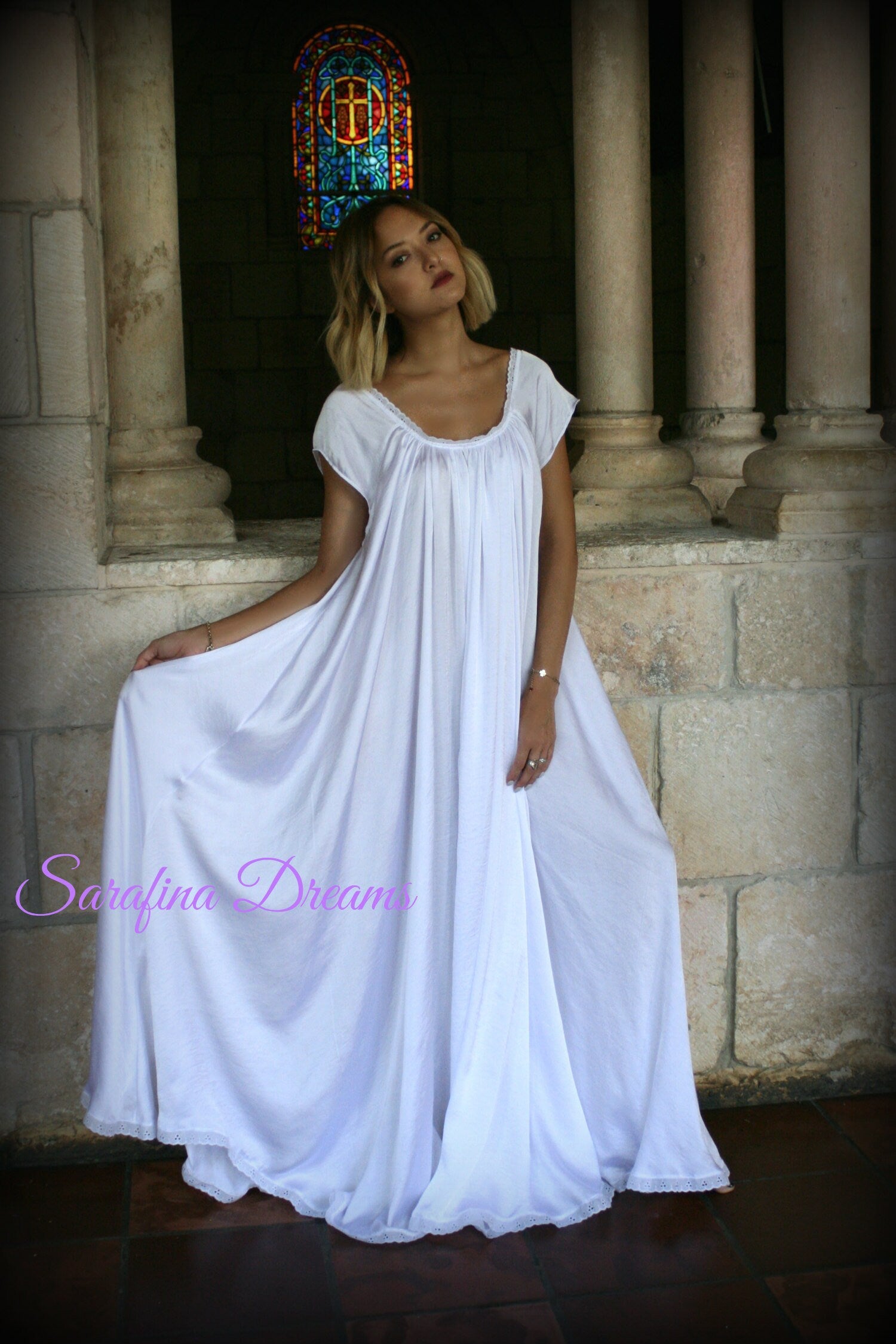 White Satin Jane Austen Cap Sleeve Full Swing Nightgown Bridal Sleepwear Wedding Lingerie Bridal Nightgown Liquid Satin