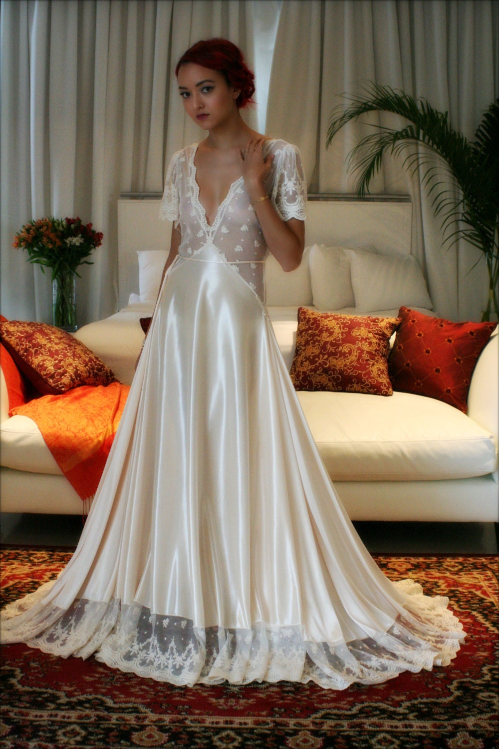 Bridal Nightgown Amelia Satin Embroidered Lace Wedding Lingerie Bridal Sleepwear Champagne Satin Bridal Gown Trousseau Sleepwear Honeymoon