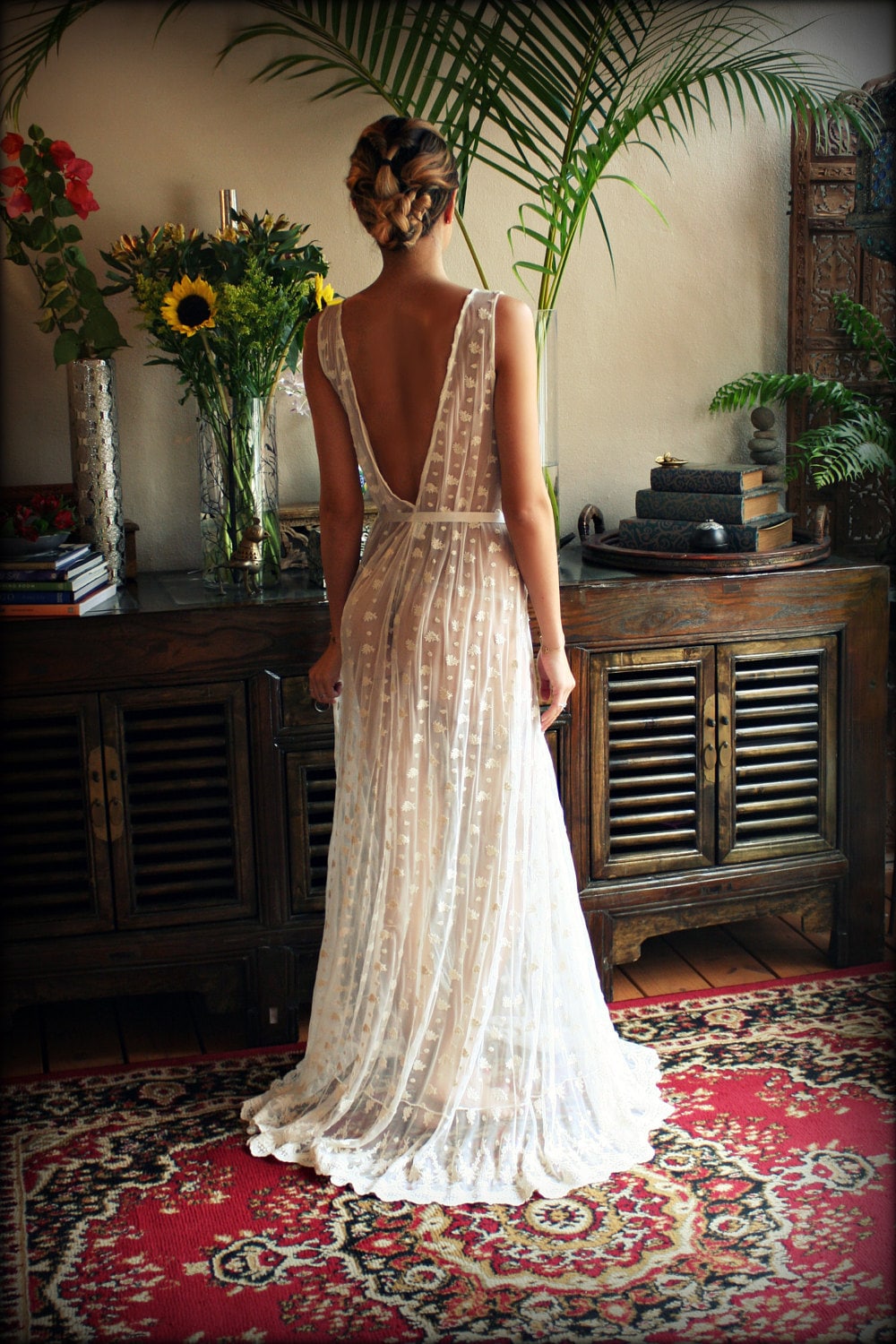 Embroidered Mesh Lace Nightgown Bridal Lingerie WeddingArt Deco Sleepwear Bridal Nightgown Ivory Lace Honeymoon Trousseau Lingerie