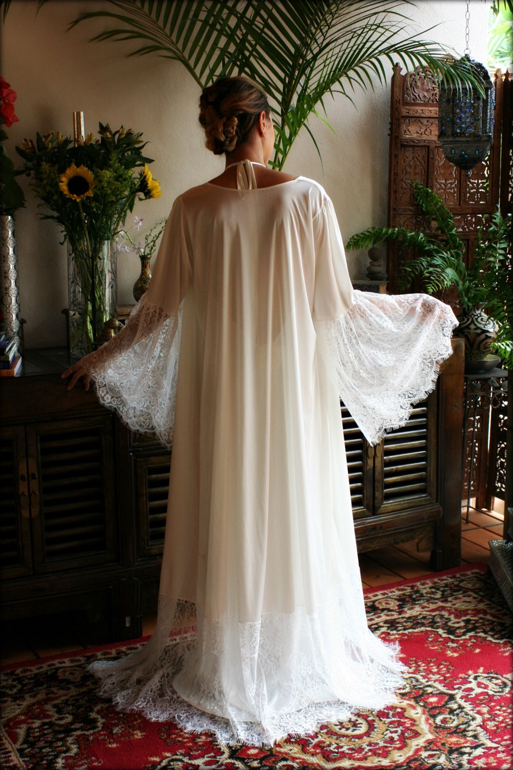 Satin Bridal Robe Lace Trimmed Angel Sleeve Wedding Sleepwear Bridal Lingerie Wedding Kimono Robe Satin Lingerie Wedding Robe