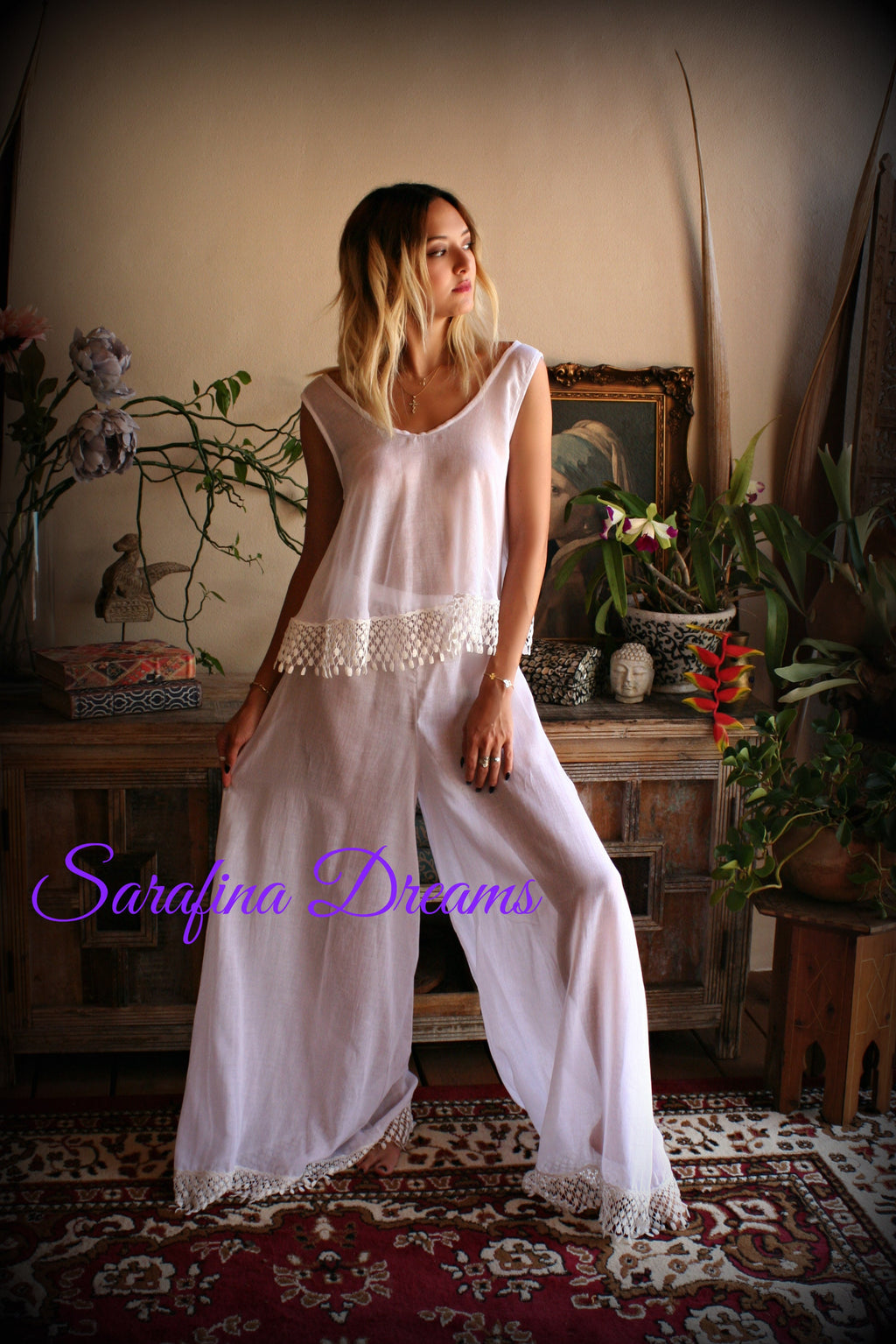Cotton Pajama Palazzo Pant Venice Lace Swing Top Bridal Honeymoon Wedding Lingerie Bridal Lingerie Cotton Lingerie White Cotton